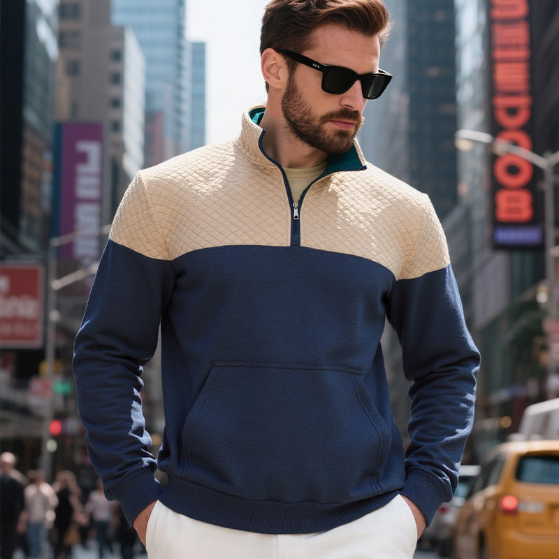 KZZ Men's Fall/Winter Patchwork Design Casual Stand-Up Collar Zipper Hoodie Sweatshirt