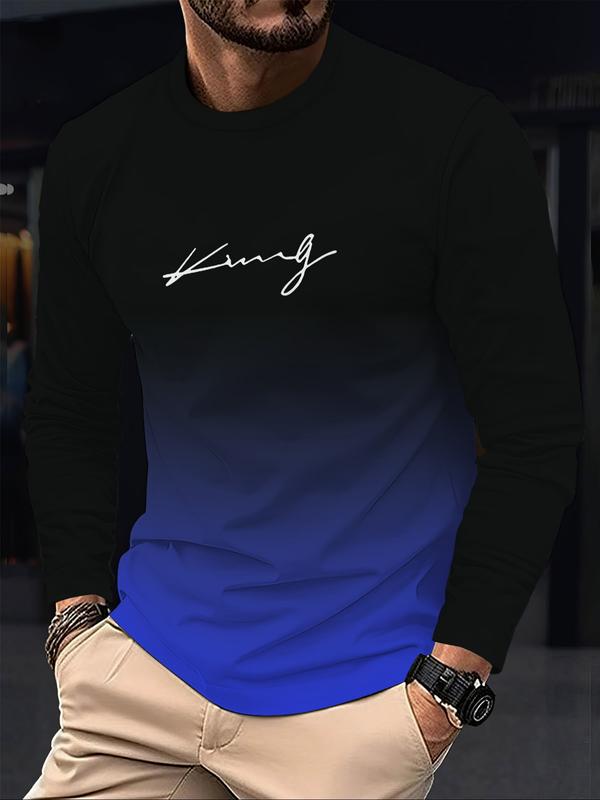 KZZ Men's Casual Long Sleeve T-Shirt, Gradient Color Round Neck, Letter Print Design