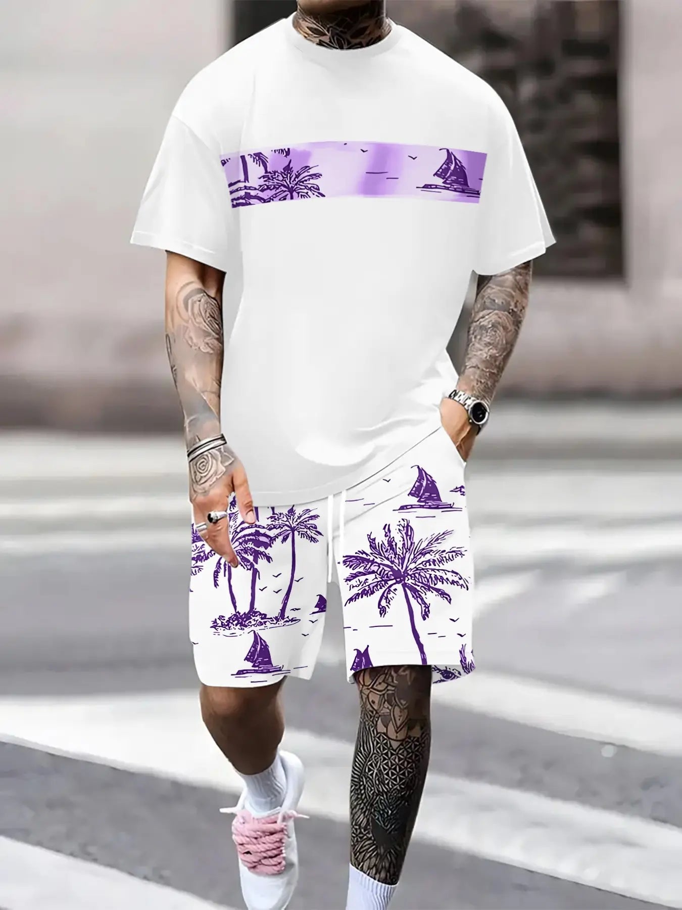 KZZ Men's Tropical Palm Tree Print Short-Sleeve Shirt and Shorts Set