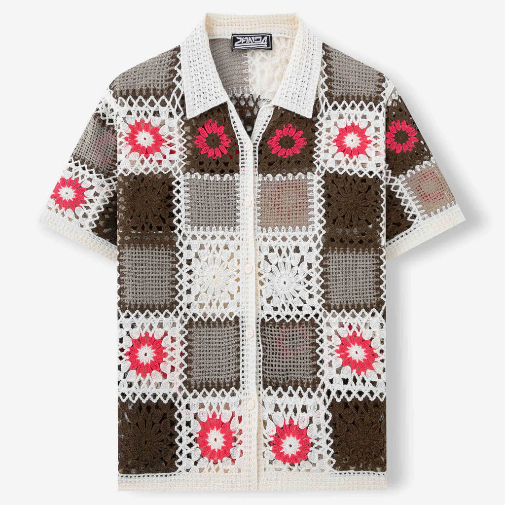 KZZ Men's Retro Ethnic Style Crocheted Lace-up Layered Knit Top
