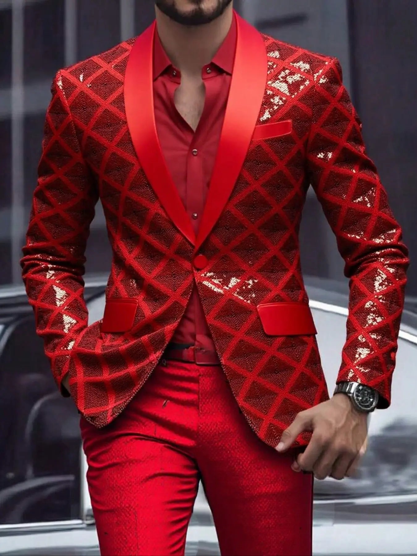 KZZ Men's Solid-Color Slim-Fit Sequin Blazer