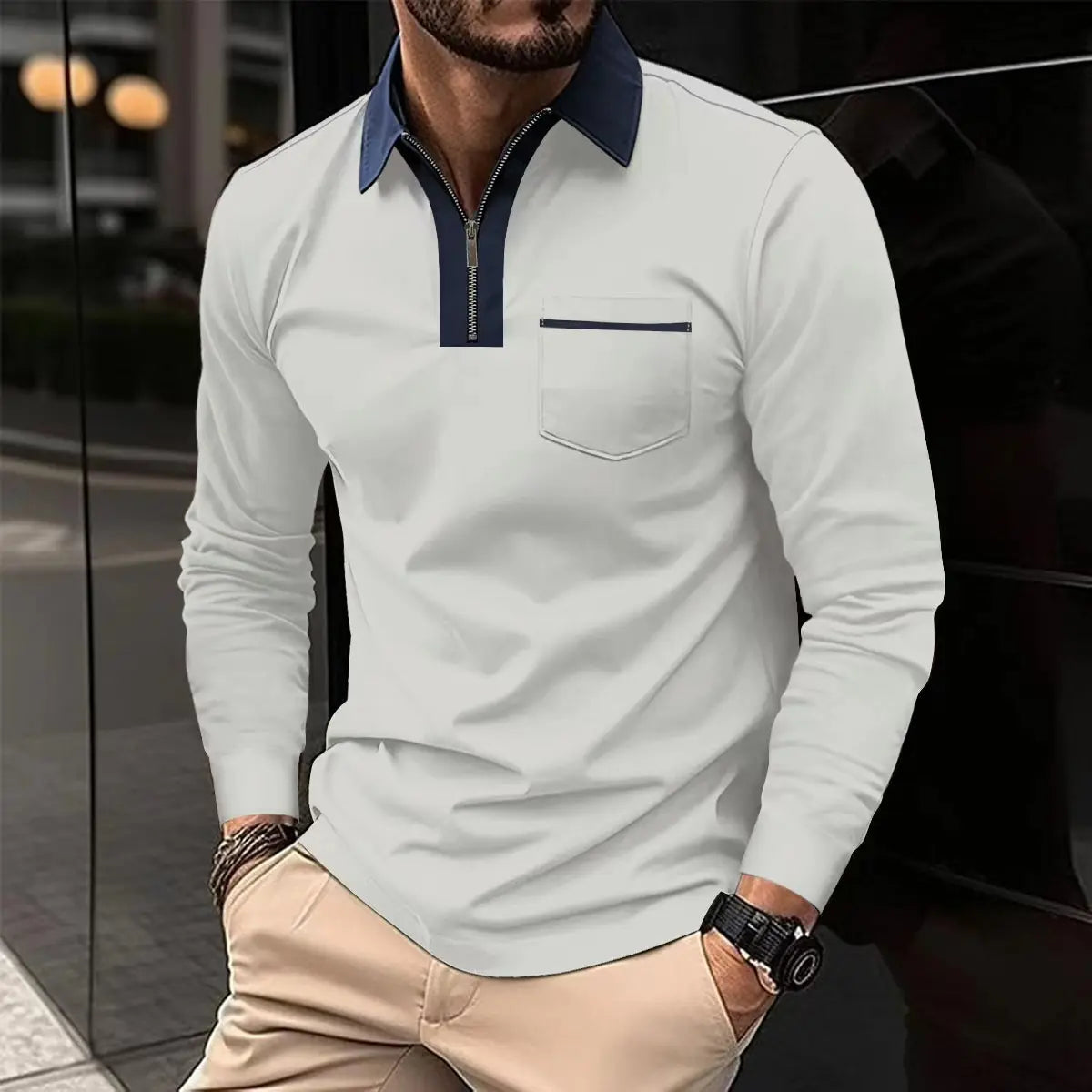 KZZ Men's long-sleeved polo shirt for spring and autumn