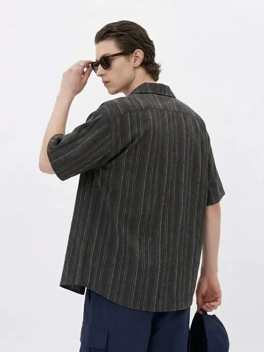 KZZ Men's Loose-Fit Striped Collared Shirt