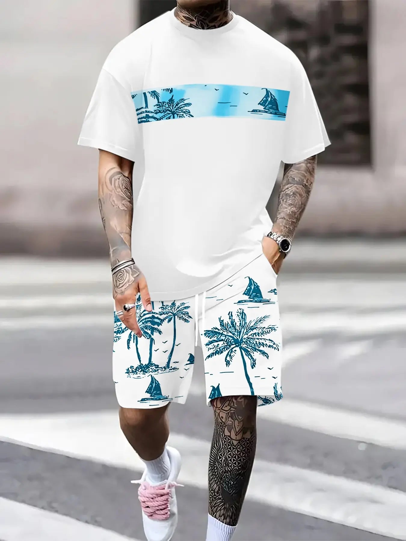 KZZ Men's Tropical Palm Tree Print Short-Sleeve Shirt and Shorts Set