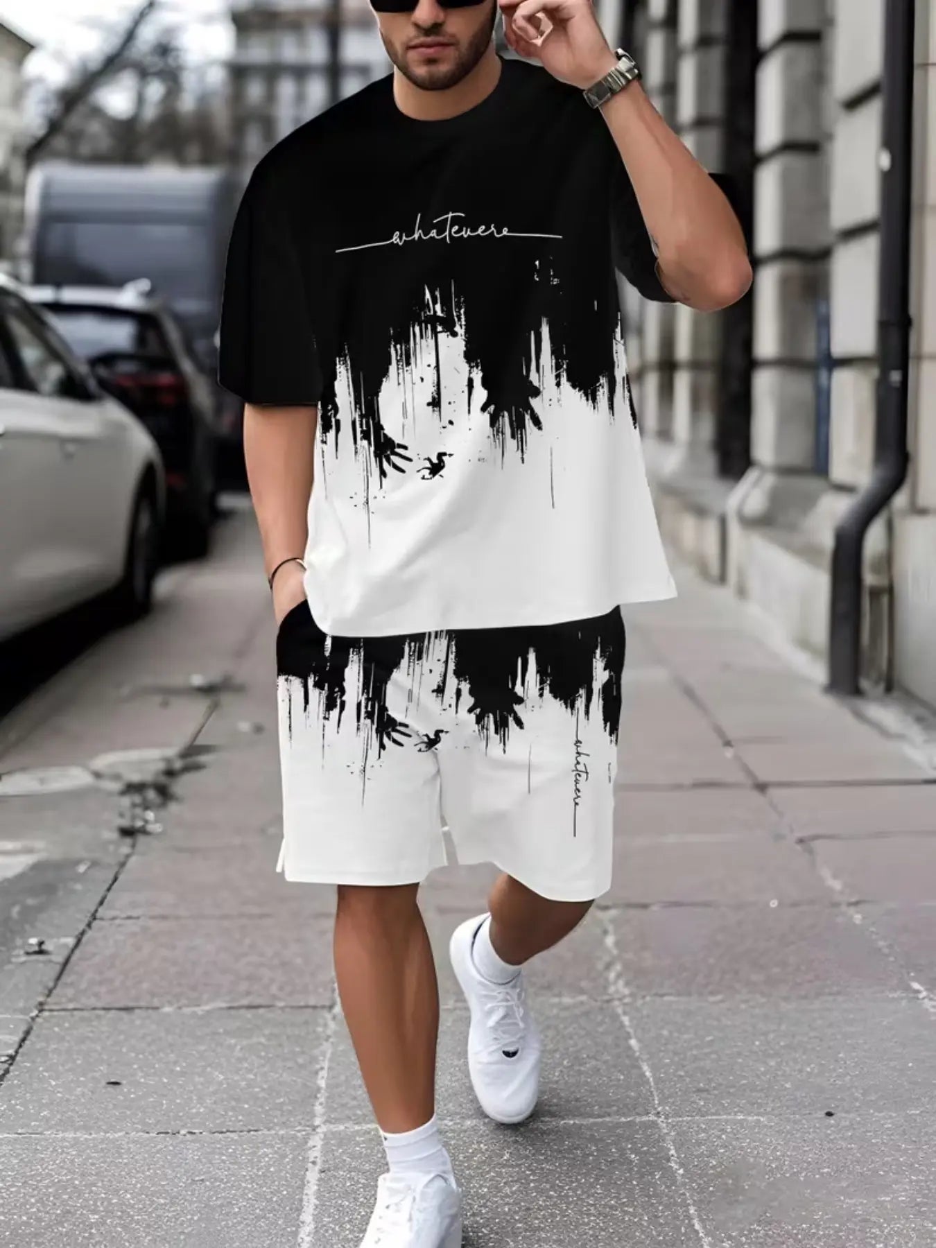 KZZ Men's Geometric Print Short-Sleeve T-Shirt and Athletic Shorts