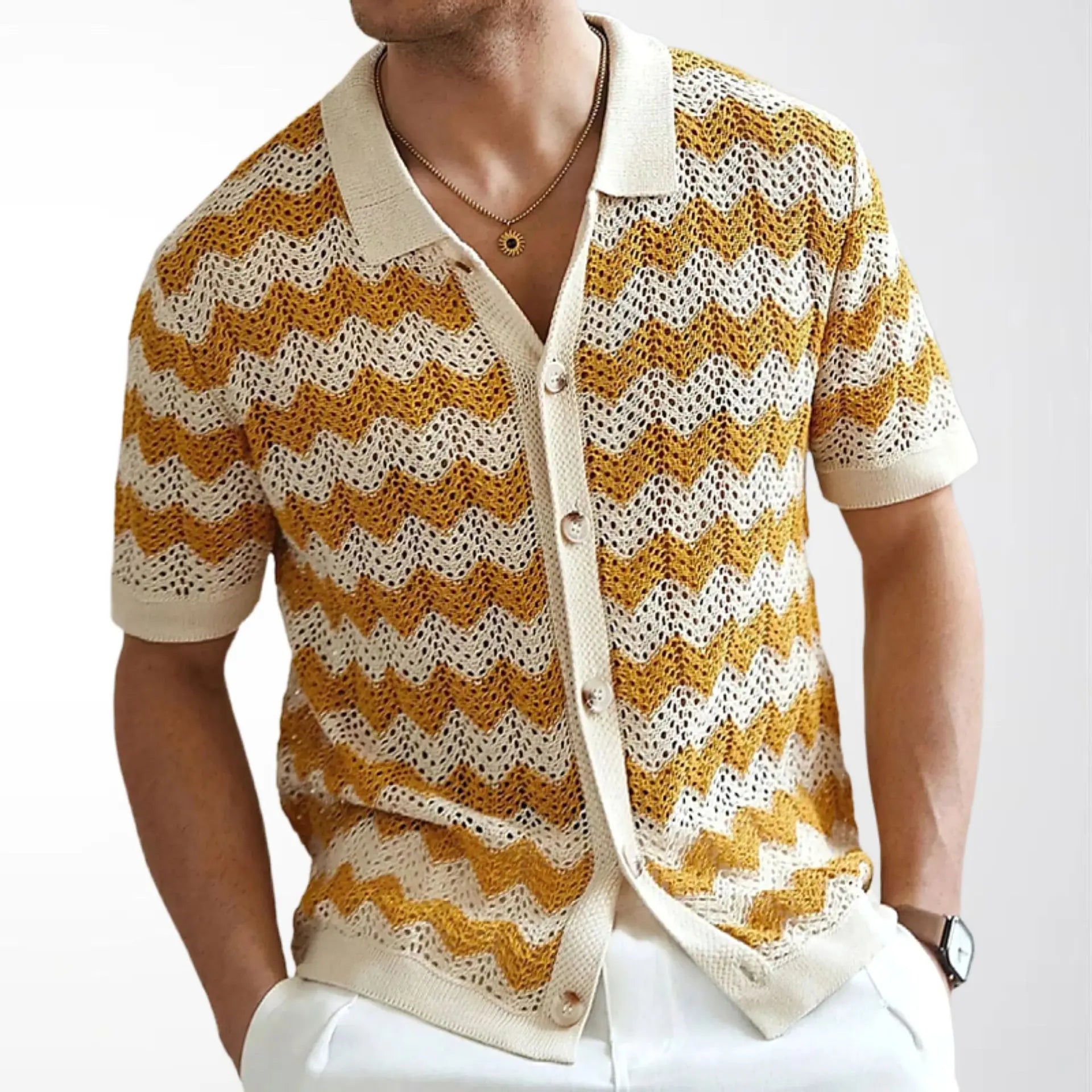 KZZ Men's Retro Hong Kong Style Wavy Open-Knit Polo Shirt