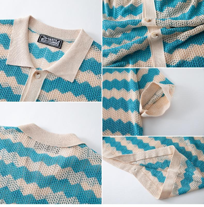 KZZ Men's Retro Hong Kong Style Wavy Open-Knit Polo Shirt