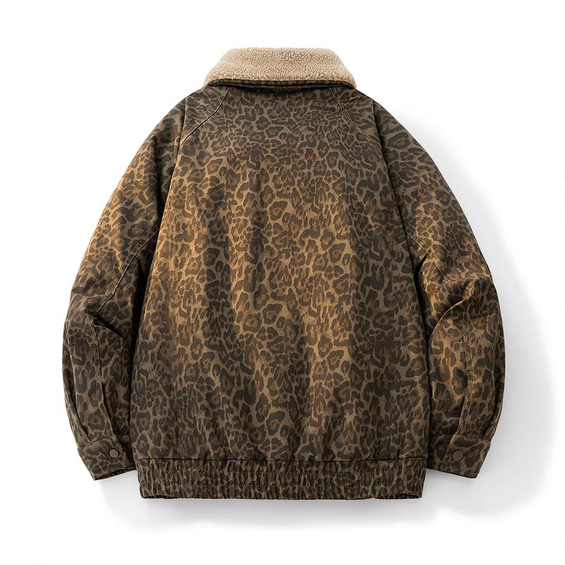 KZZ Vintage Leopard Print Lapel Fleece Lined Warm Jacket
