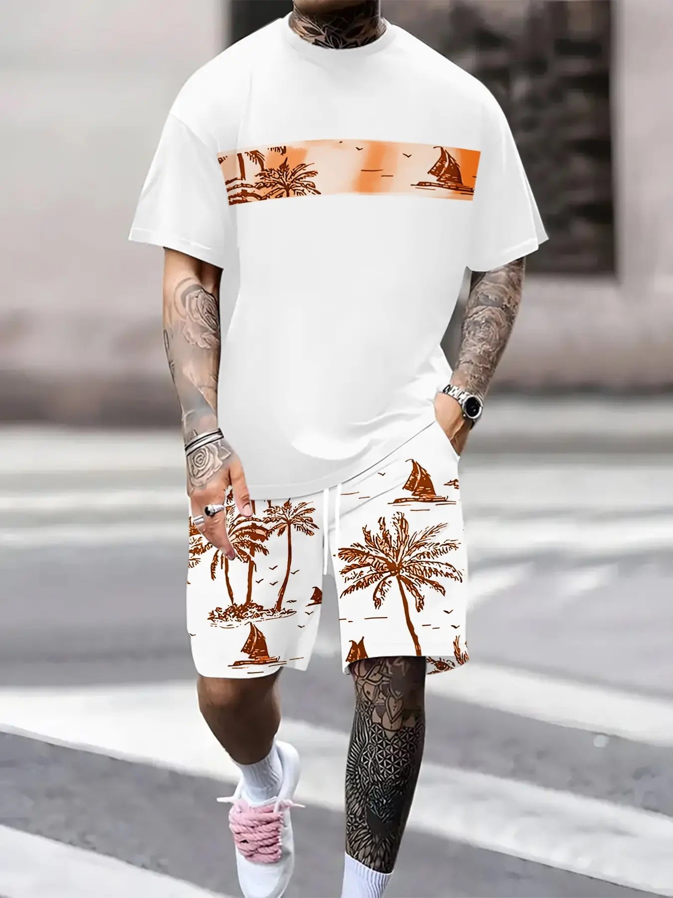 KZZ Men's Tropical Palm Tree Print Short-Sleeve Shirt and Shorts Set