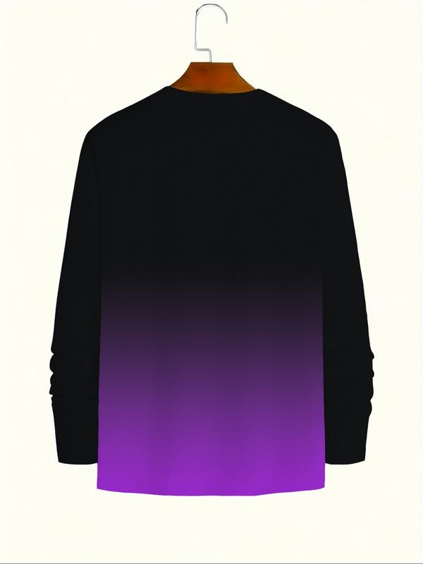 KZZ Men's Casual Long Sleeve T-Shirt, Gradient Color Round Neck, Letter Print Design