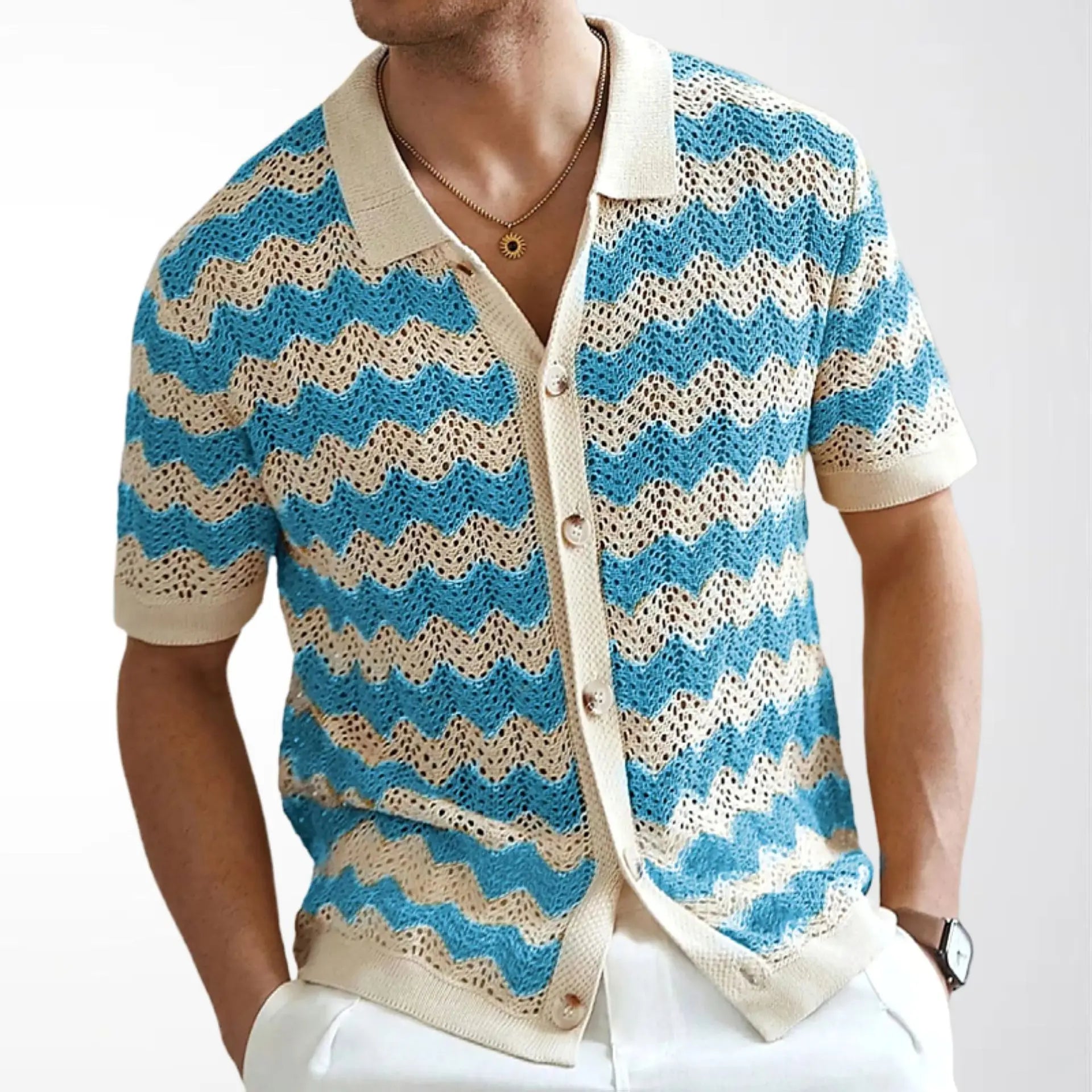 KZZ Men's Retro Hong Kong Style Wavy Open-Knit Polo Shirt