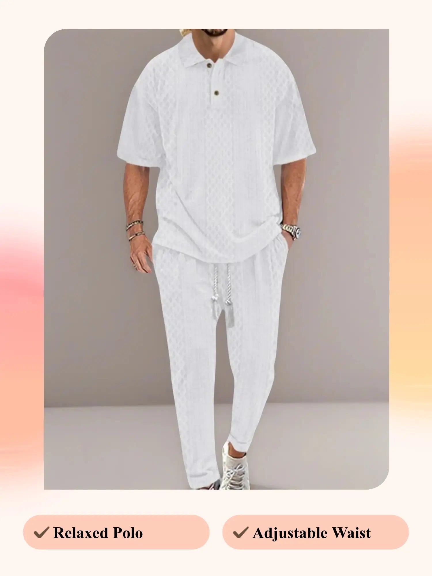 KZZ Men's Textured Drop-Shoulder Collar T-Shirt Two-Piece Set