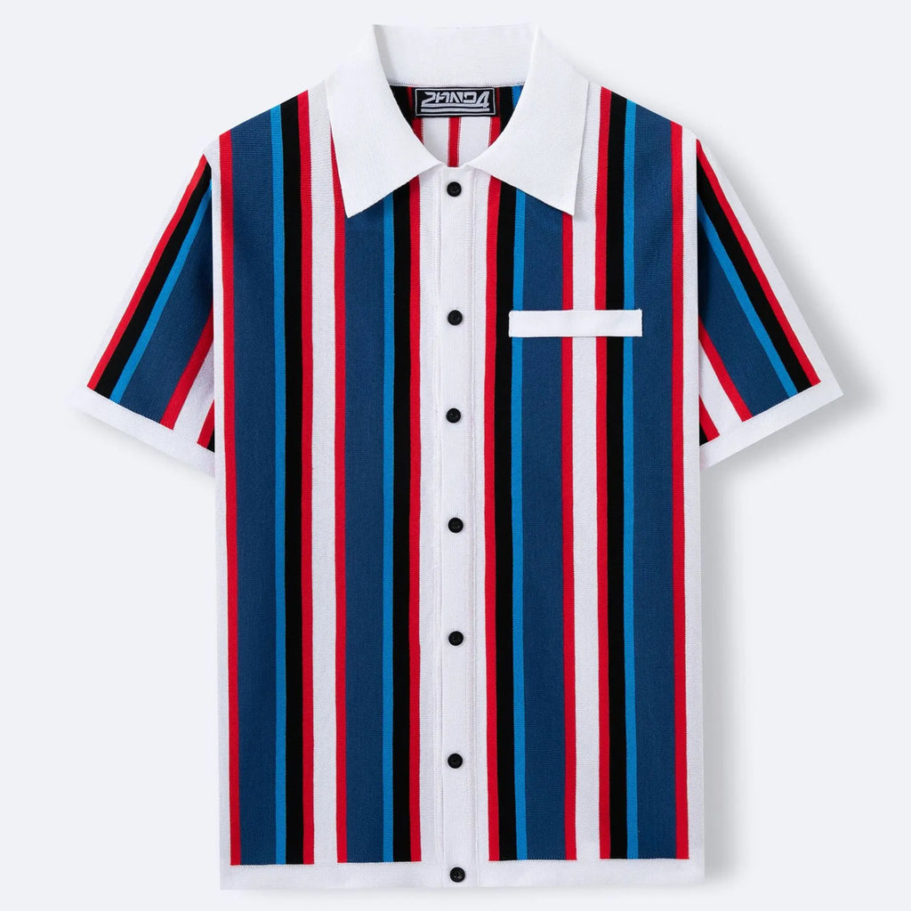 KZZ Men's Summer Casual Knitted Cardigan-Style Polo Shirt — Short Sleeve, Turn-down Collar, Striped