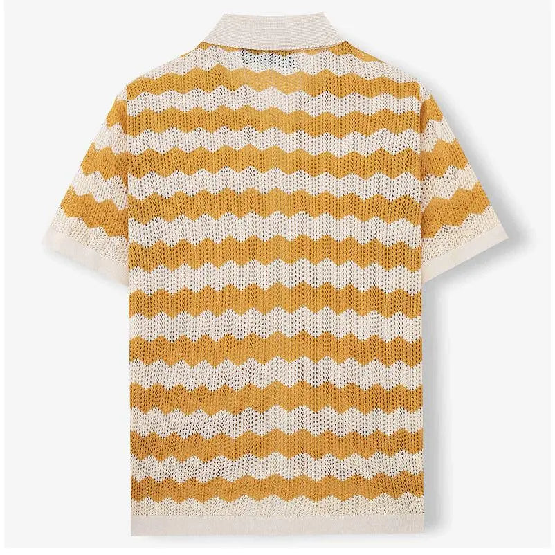 KZZ Men's Retro Hong Kong Style Wavy Open-Knit Polo Shirt