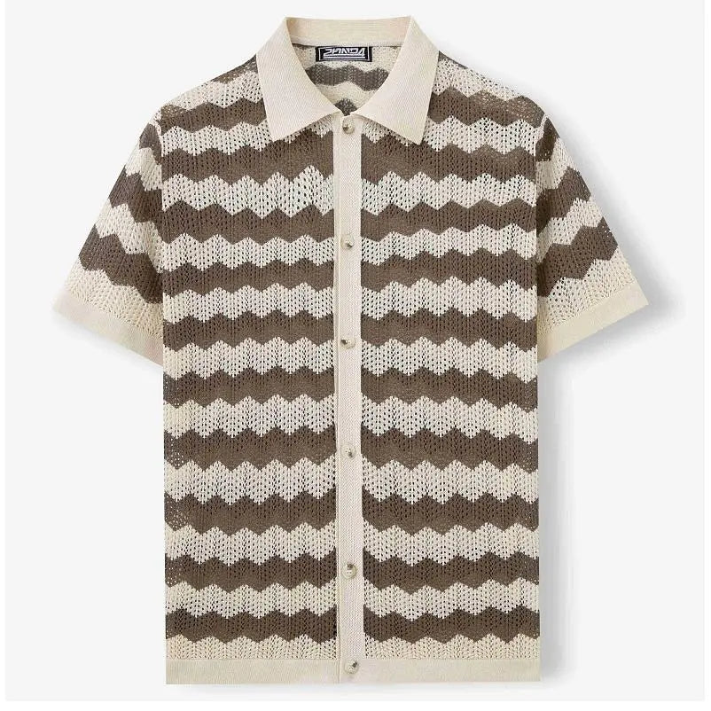KZZ Men's Retro Hong Kong Style Wavy Open-Knit Polo Shirt
