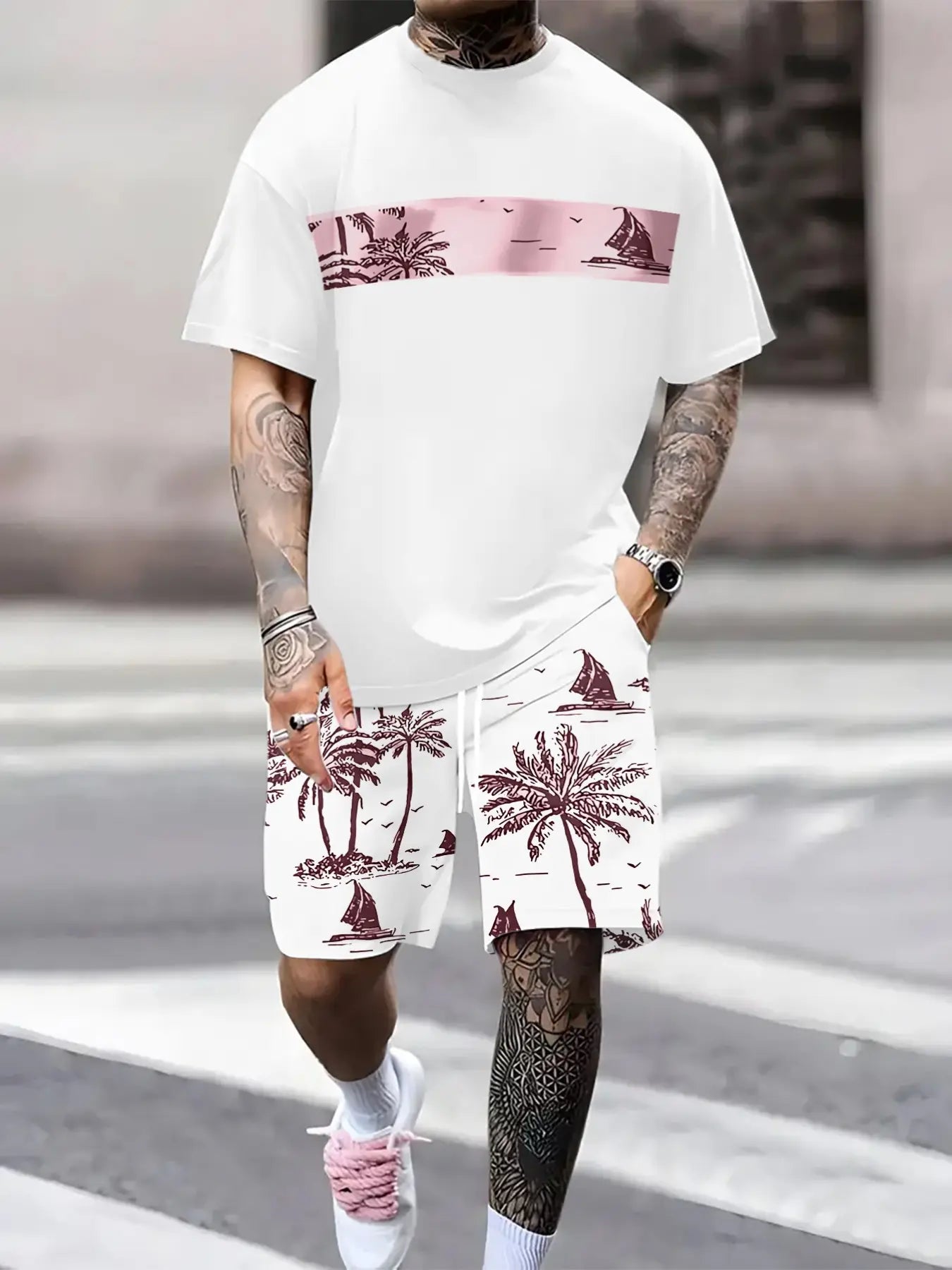 KZZ Men's Tropical Palm Tree Print Short-Sleeve Shirt and Shorts Set