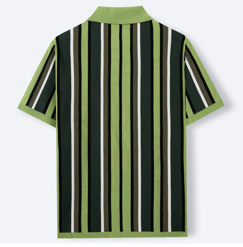 KZZ Men's Summer Casual Knitted Cardigan-Style Polo Shirt — Short Sleeve, Turn-down Collar, Striped