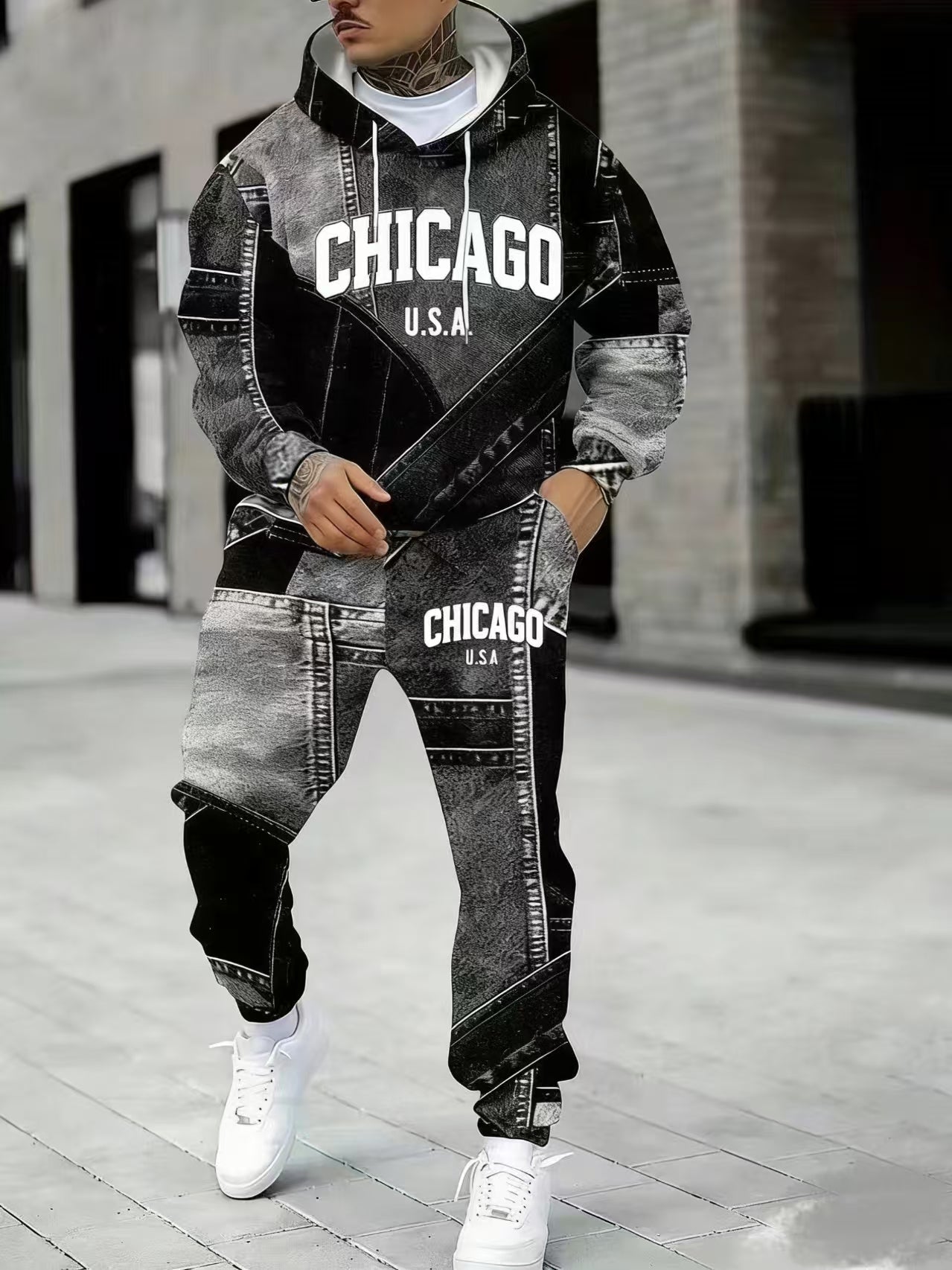 KZZ Men's Fall Winter Hooded Sweatshirt & Pants Set