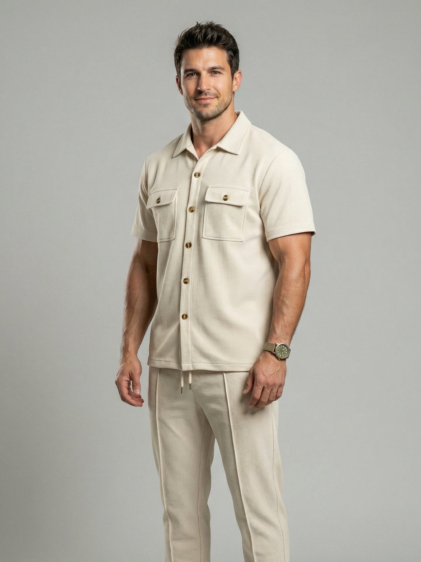 KZZ Solid-Color Button-Down Shirt and Trousers Set