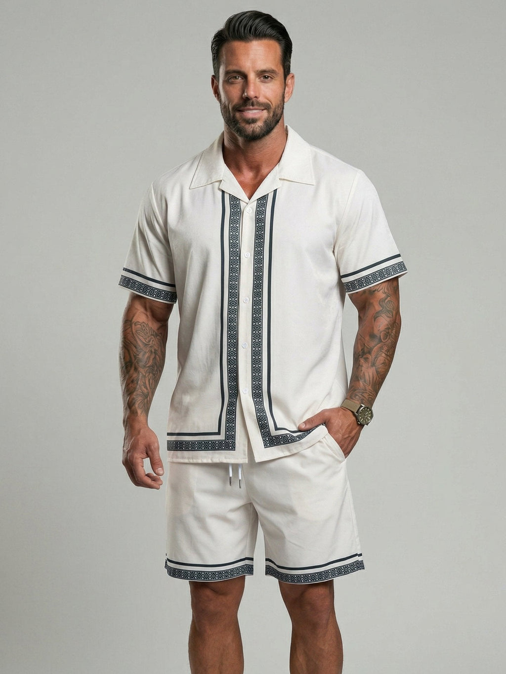 KZZ Casual Vacation Short-Sleeve Shirt and Shorts Set