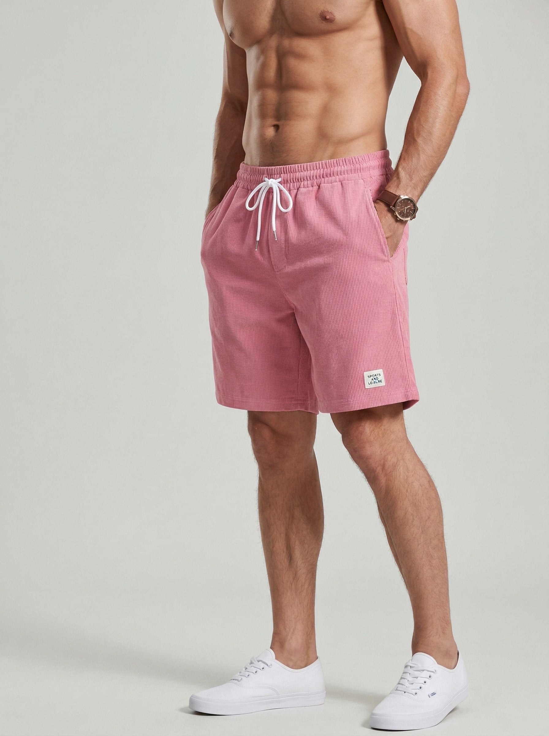 KZZ Men's Solid Patched Drawstring Waist Shorts