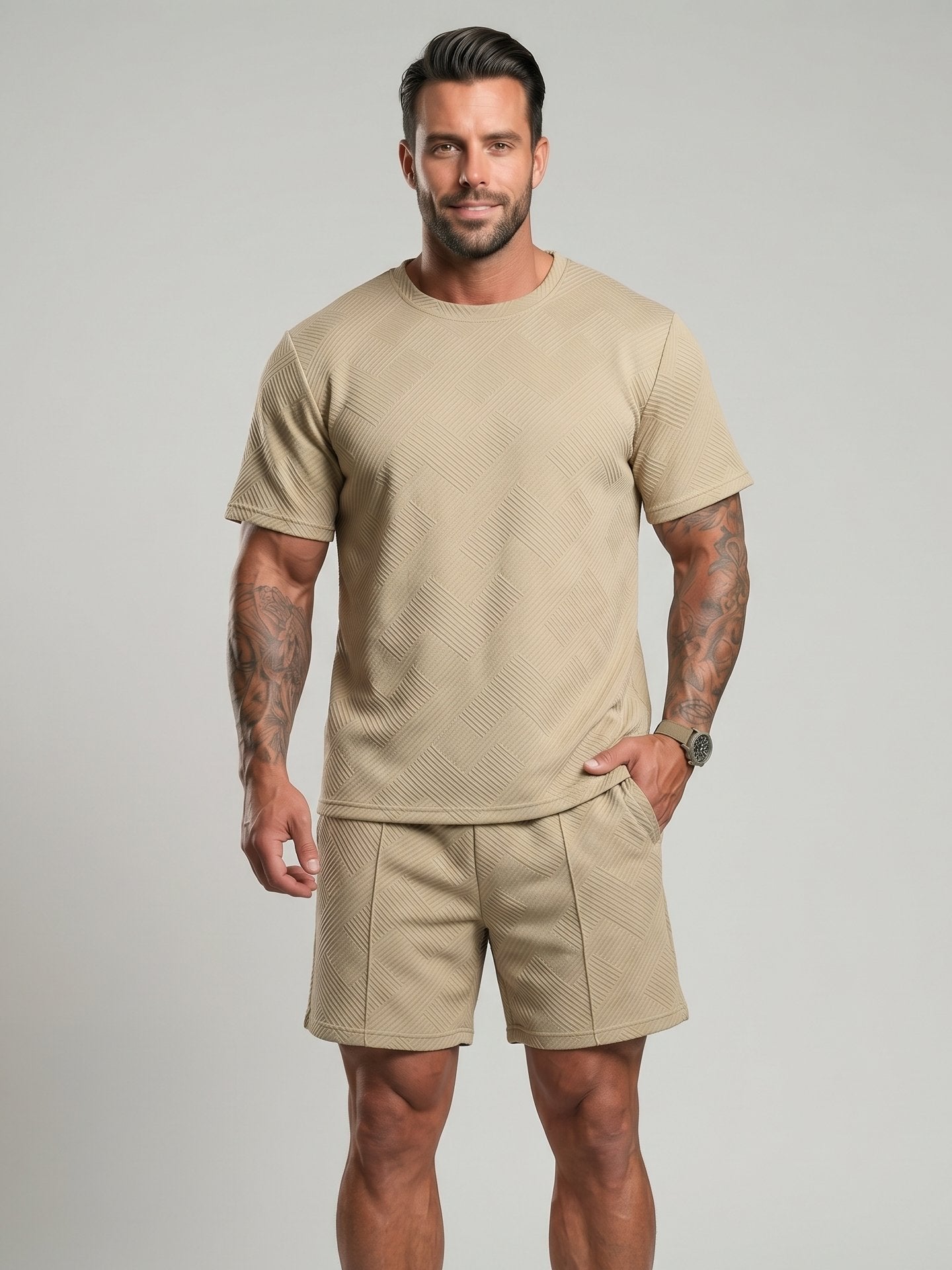 KZZ Men's Solid-Color Polo Shirt and Drawstring Shorts Set