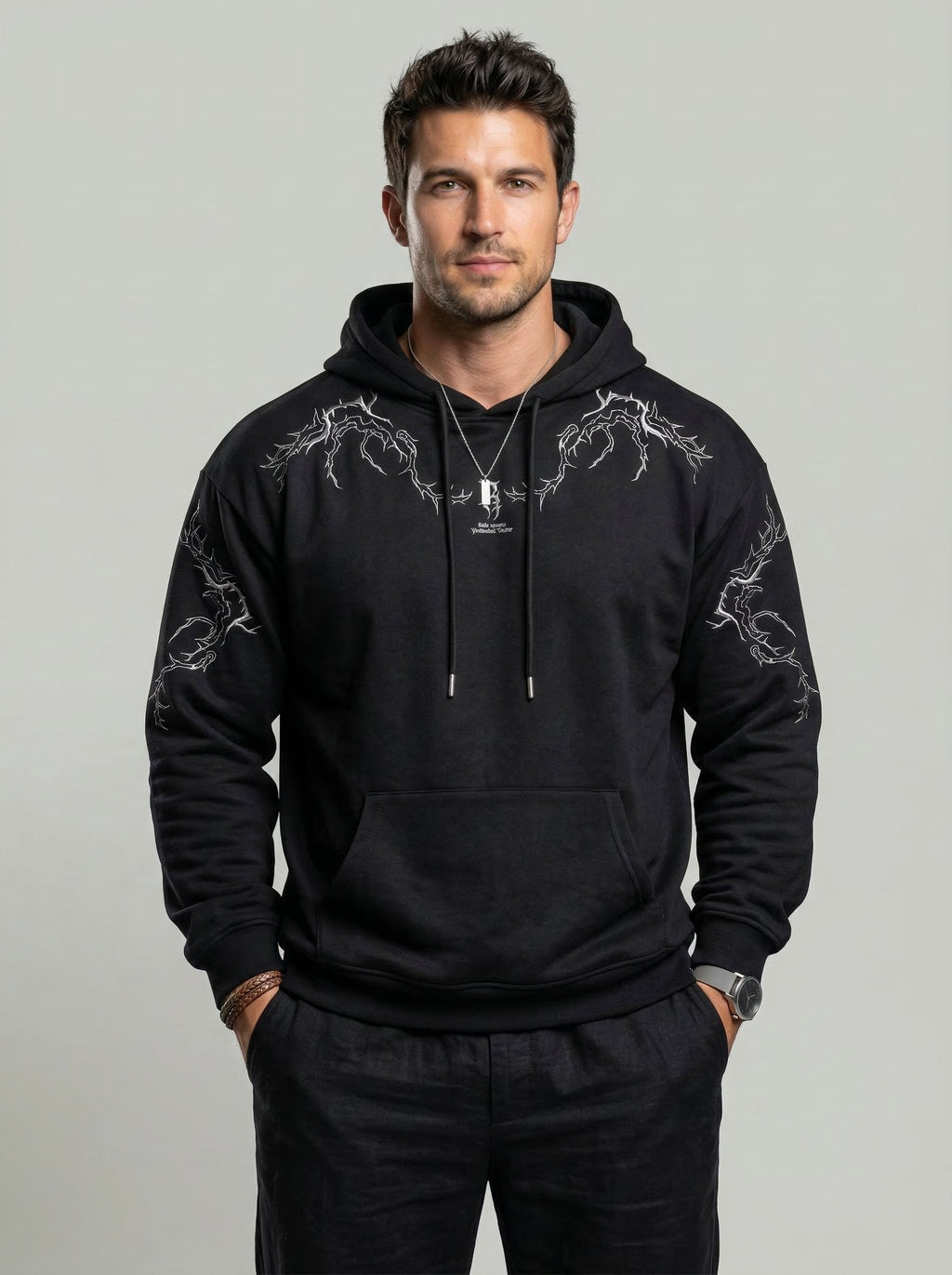 KZZ Men's Casual Loose-Fit Embroidered Thorns Hooded