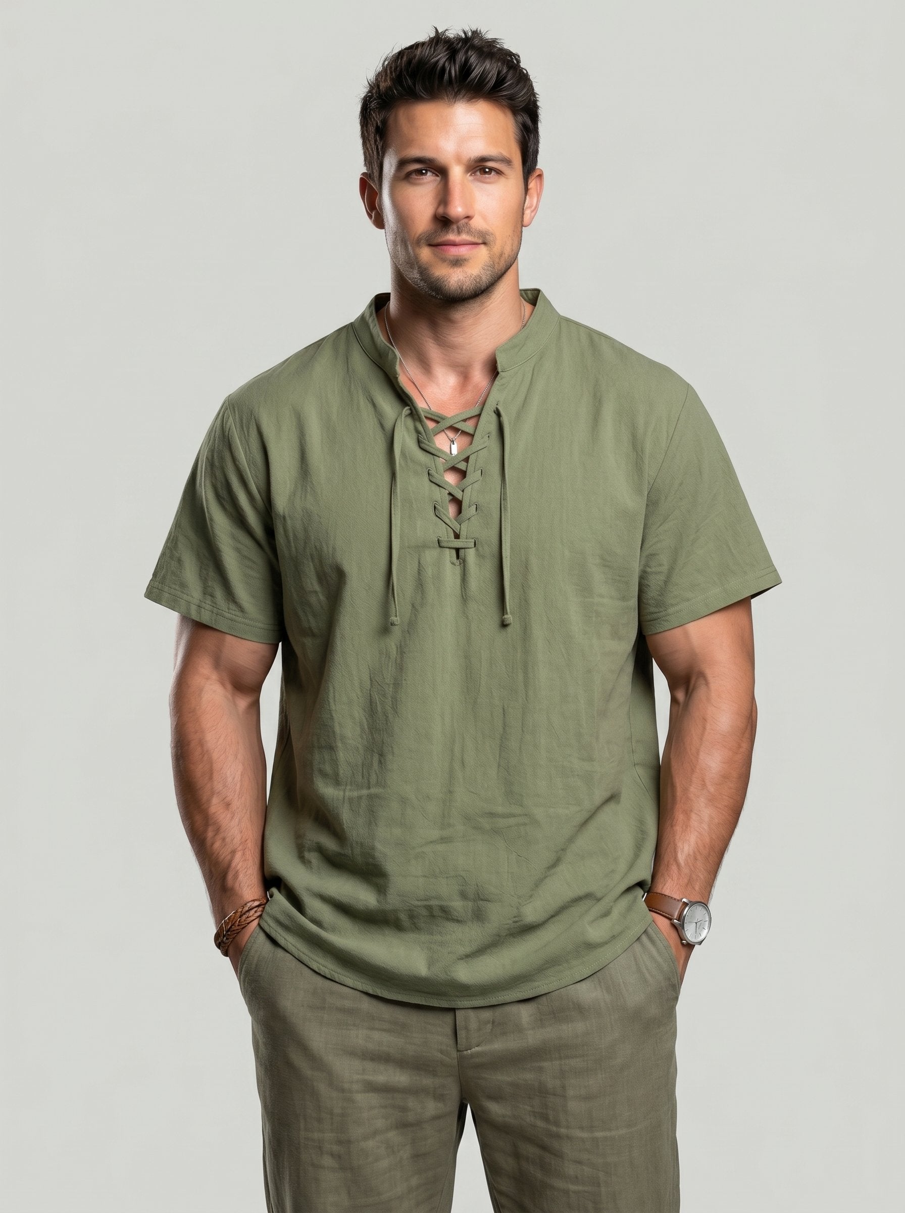 KZZ Men's summer linen stand-up collar short-sleeved shirt