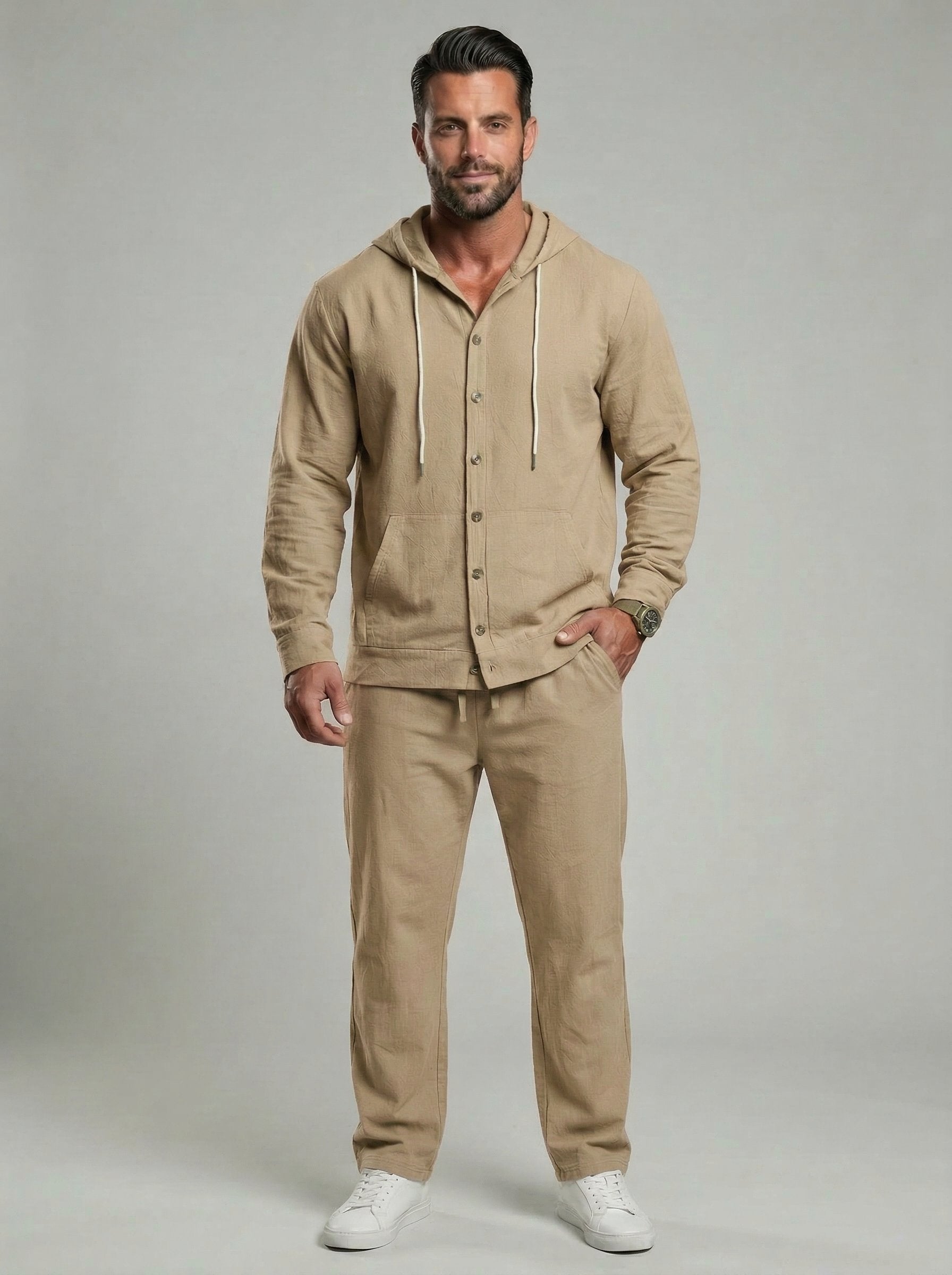 KZZ Men's Solid Button Down Shirt & Pants Linen Set