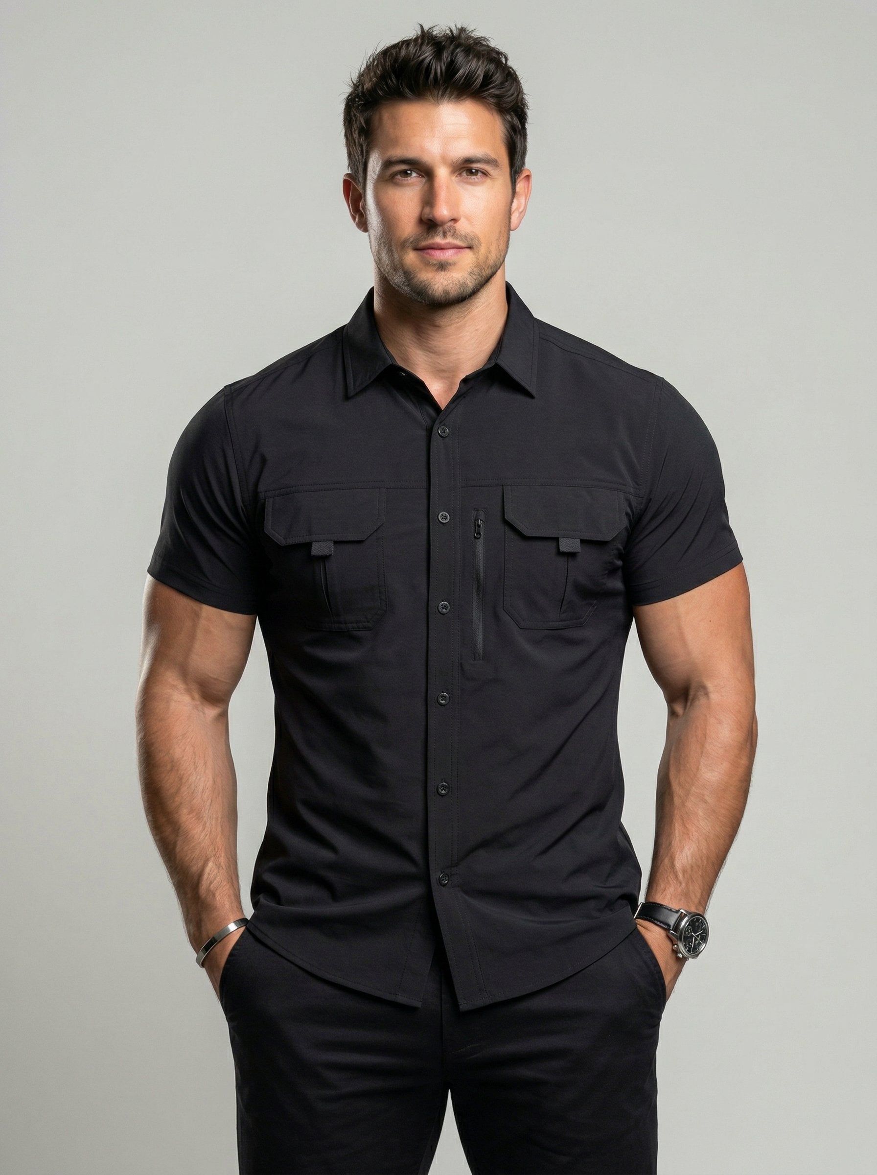 KZZ Men's American-Style Solid Color Shirt