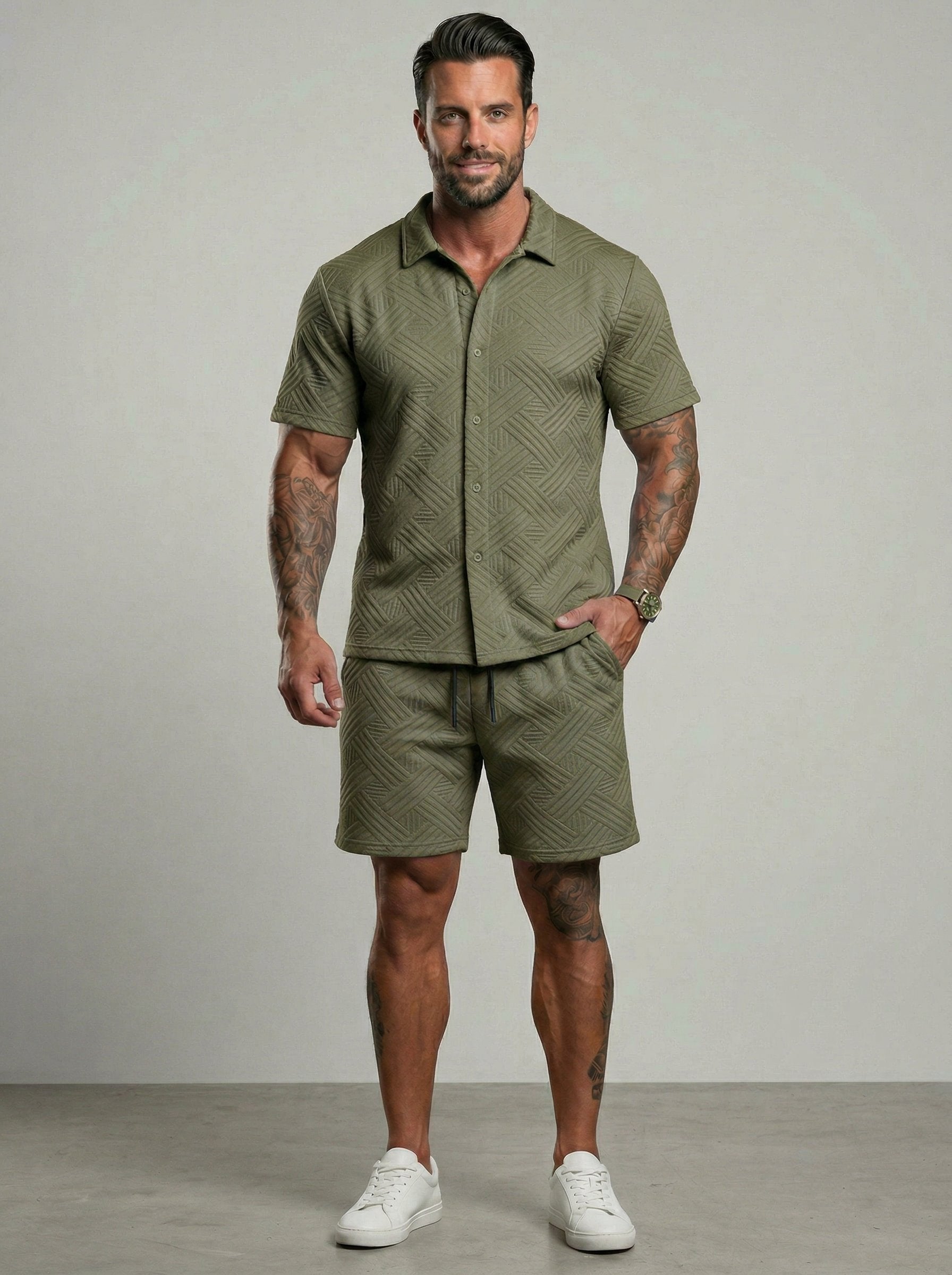 KZZ Short-sleeve button-down shirt and drawstring shorts