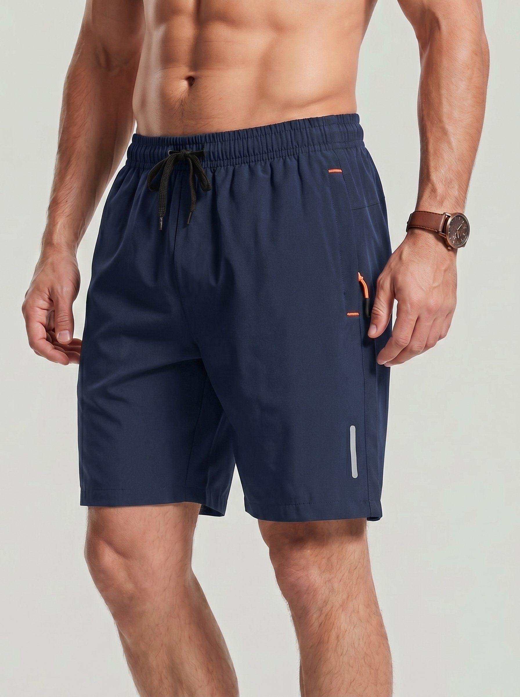 KZZ Men's Solid-Color Athletic Shorts with Zipper Pockets
