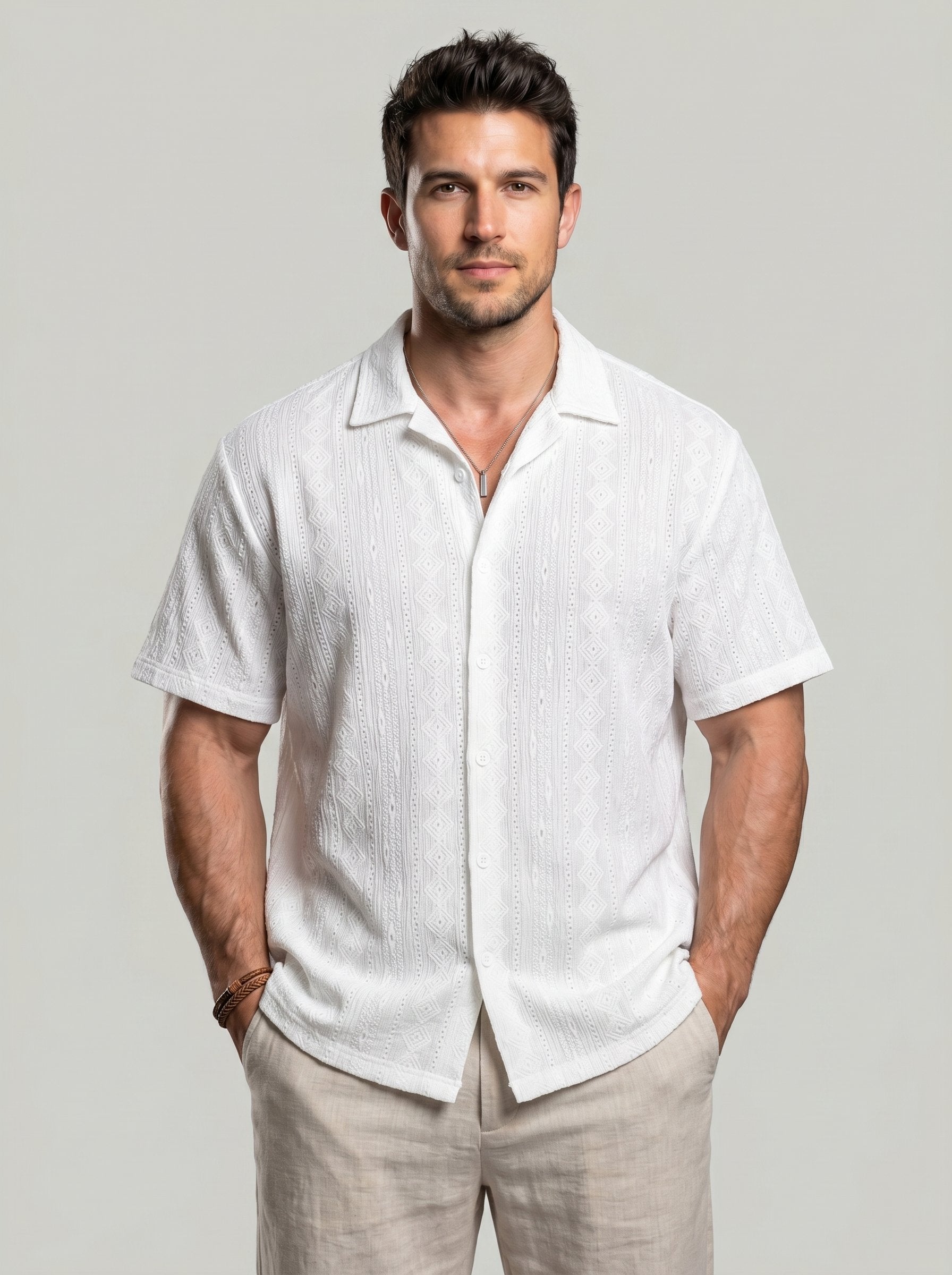 KZZ Men's Solid Coffee-Colored Short-Sleeve Shirt