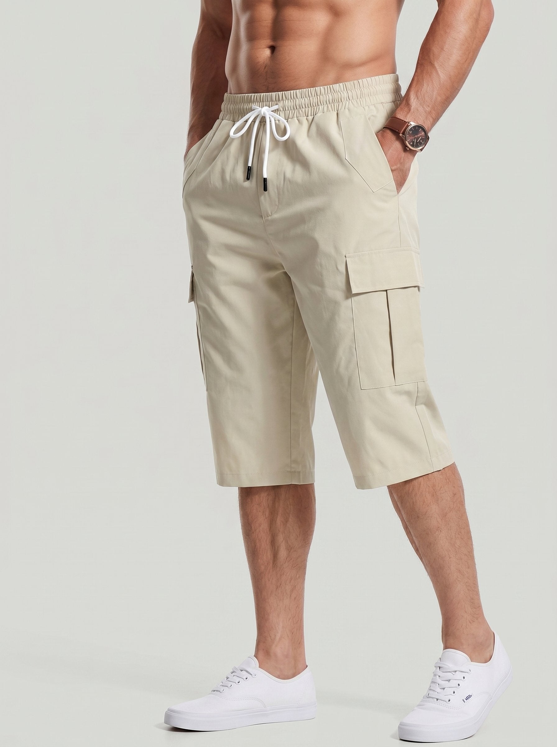 KZZ Men's Solid-Color Cargo Shorts with Flap Pockets