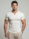 KZZ Men's Spring Summer Outfits Vertical Striped Textured V-Neck Short Sleeve T-Shirt