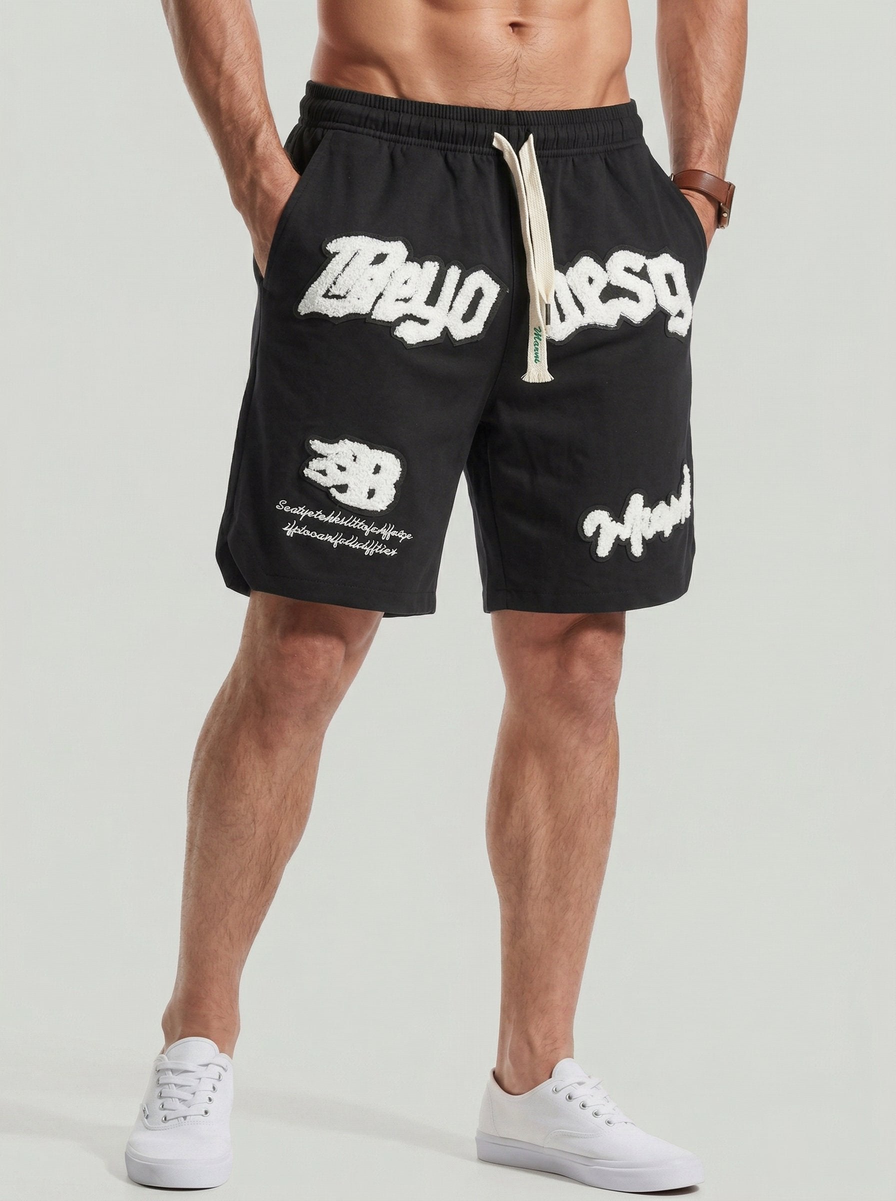 KZZ Men's Letter Embroidery Patched Drawstring Waist  Shorts