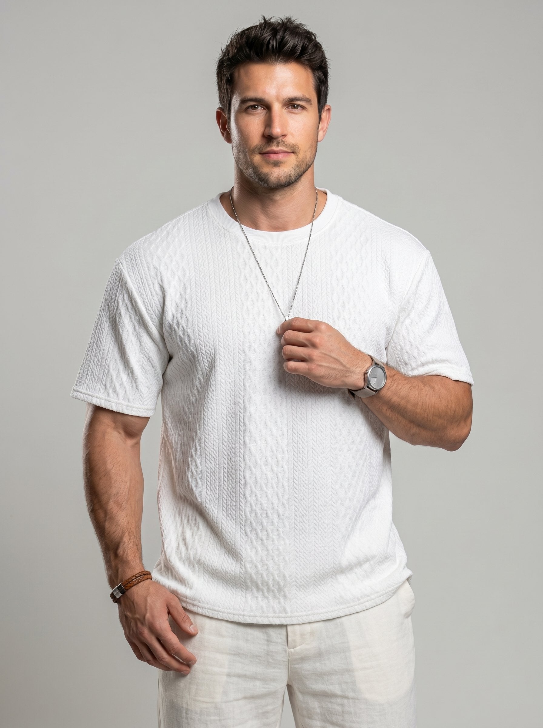 KZZ Men's Spring/Summer Solid-Color Short-Sleeve T-Shirt with Textured Fabric