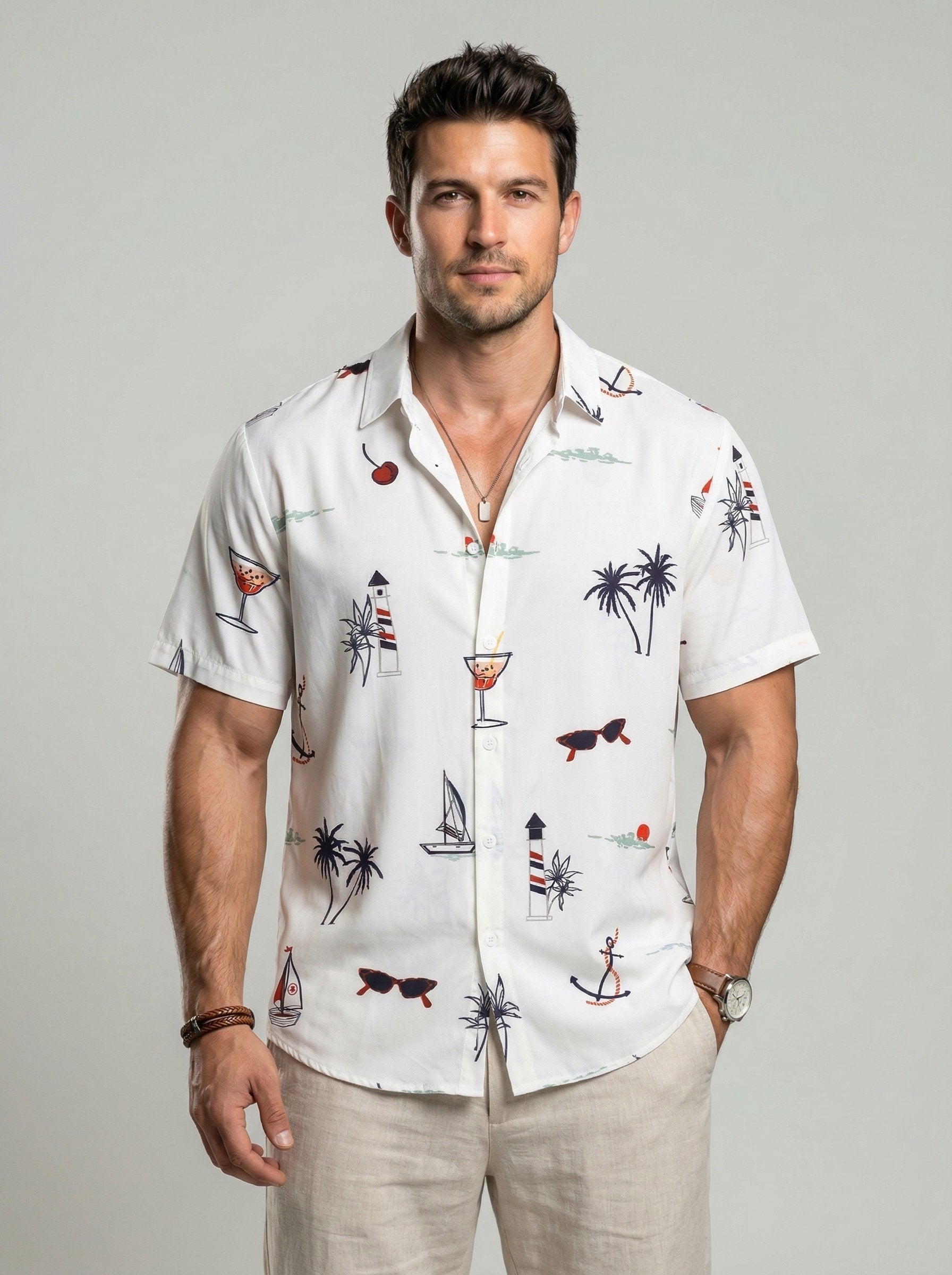 KZZ Men's Tropical Print Short Sleeve Shirt