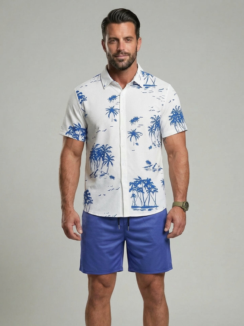 KZZ Men's Tropical Coconut Tree Print Shirt & Shorts Set