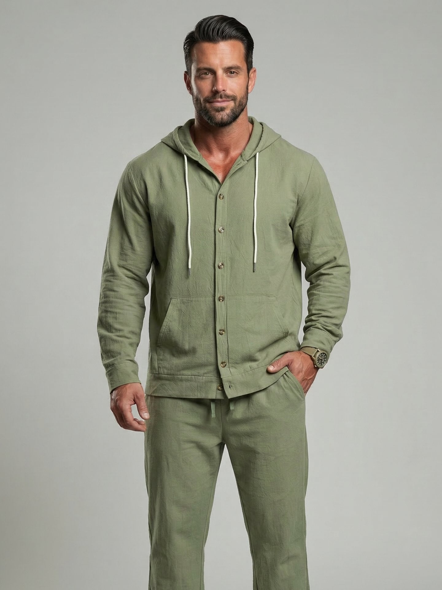 KZZ Men's Solid Button Down Shirt & Pants Linen Set