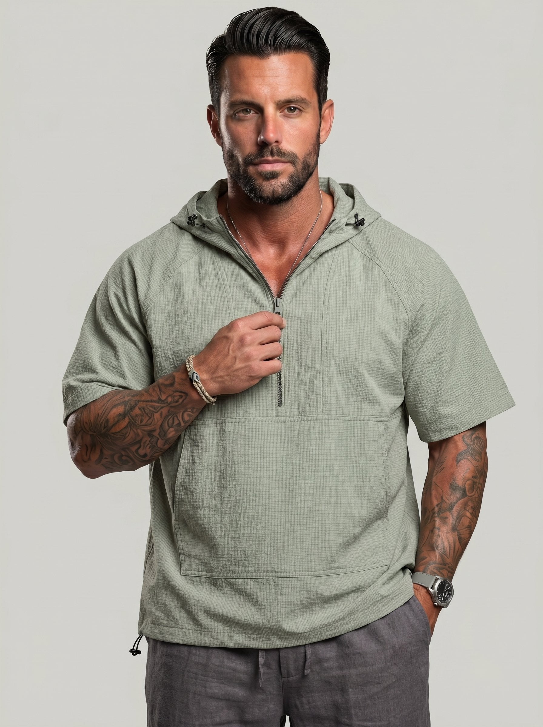 KZZ Trendy Half-Zip Short-Sleeve Top