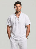 KZZ Men's summer linen stand-up collar short-sleeved shirt