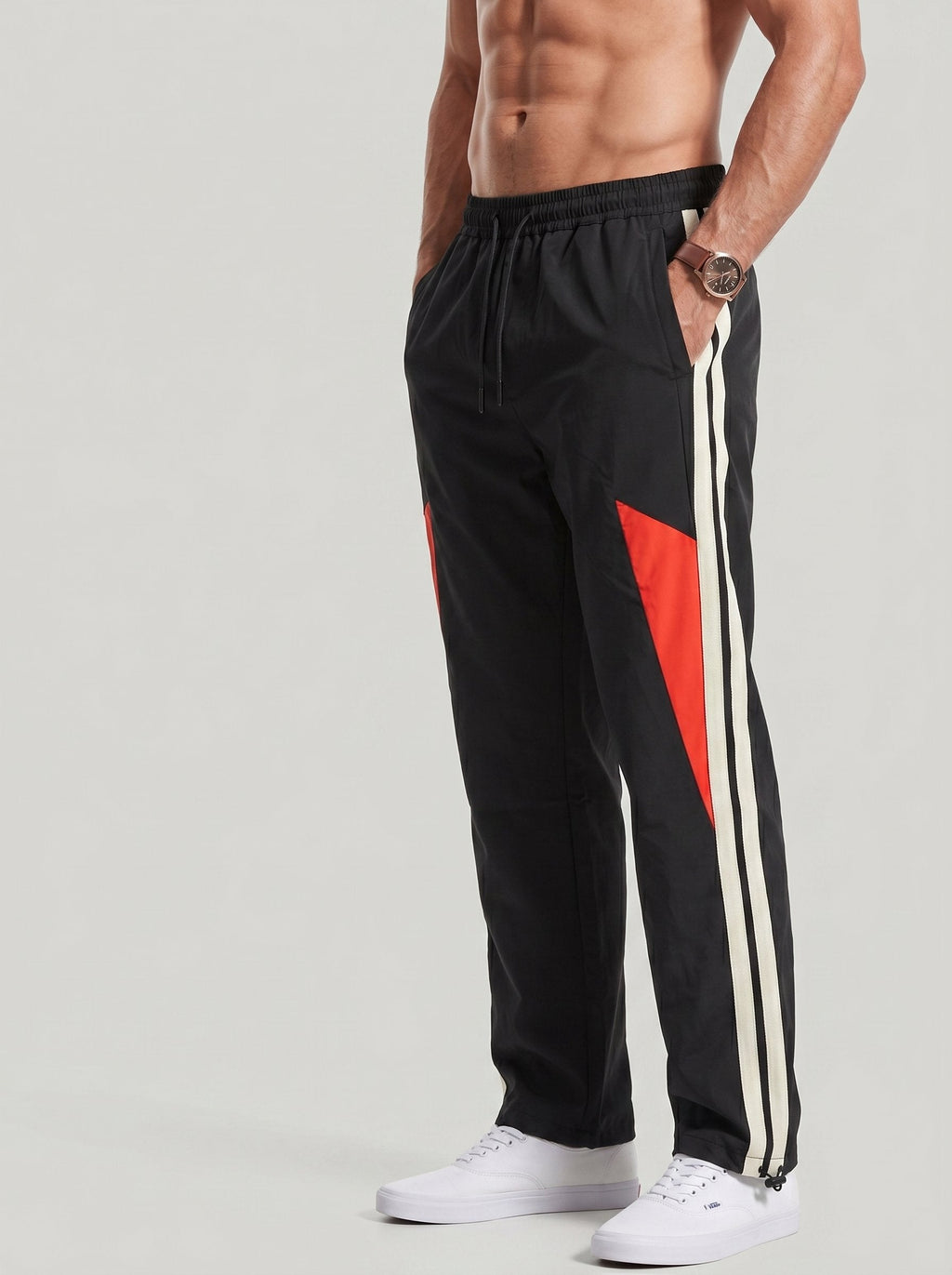 KZZ Men's Color-Block Printed Wide-Leg Pants with Drawstring Waist