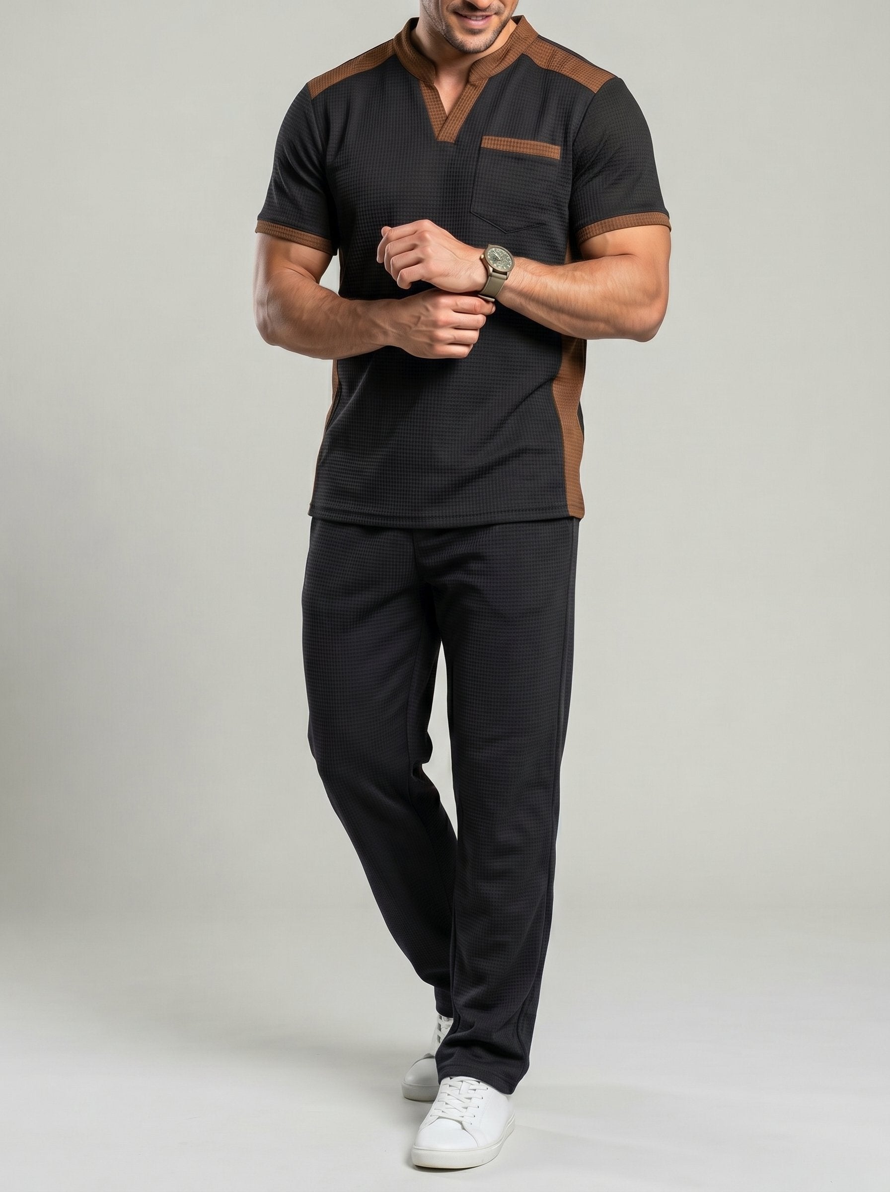 KZZ Men's Business Casual Color-Block Waffle-Knit V-Neck Short-Sleeve Shirt and Trousers Set