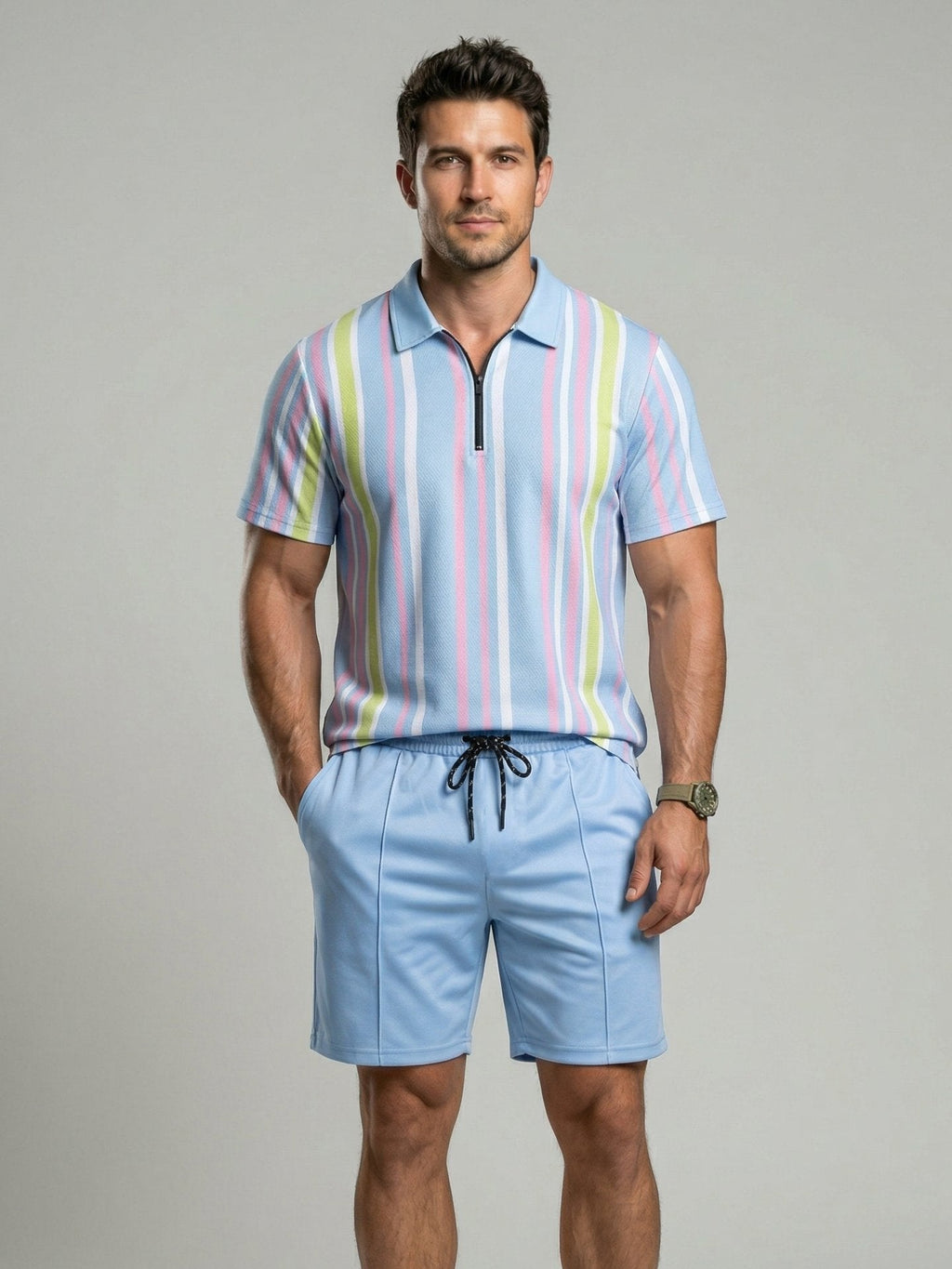 KZZ Men's Colorblock Striped Print Short Sleeve Shirt & Shorts Two-Piece Set