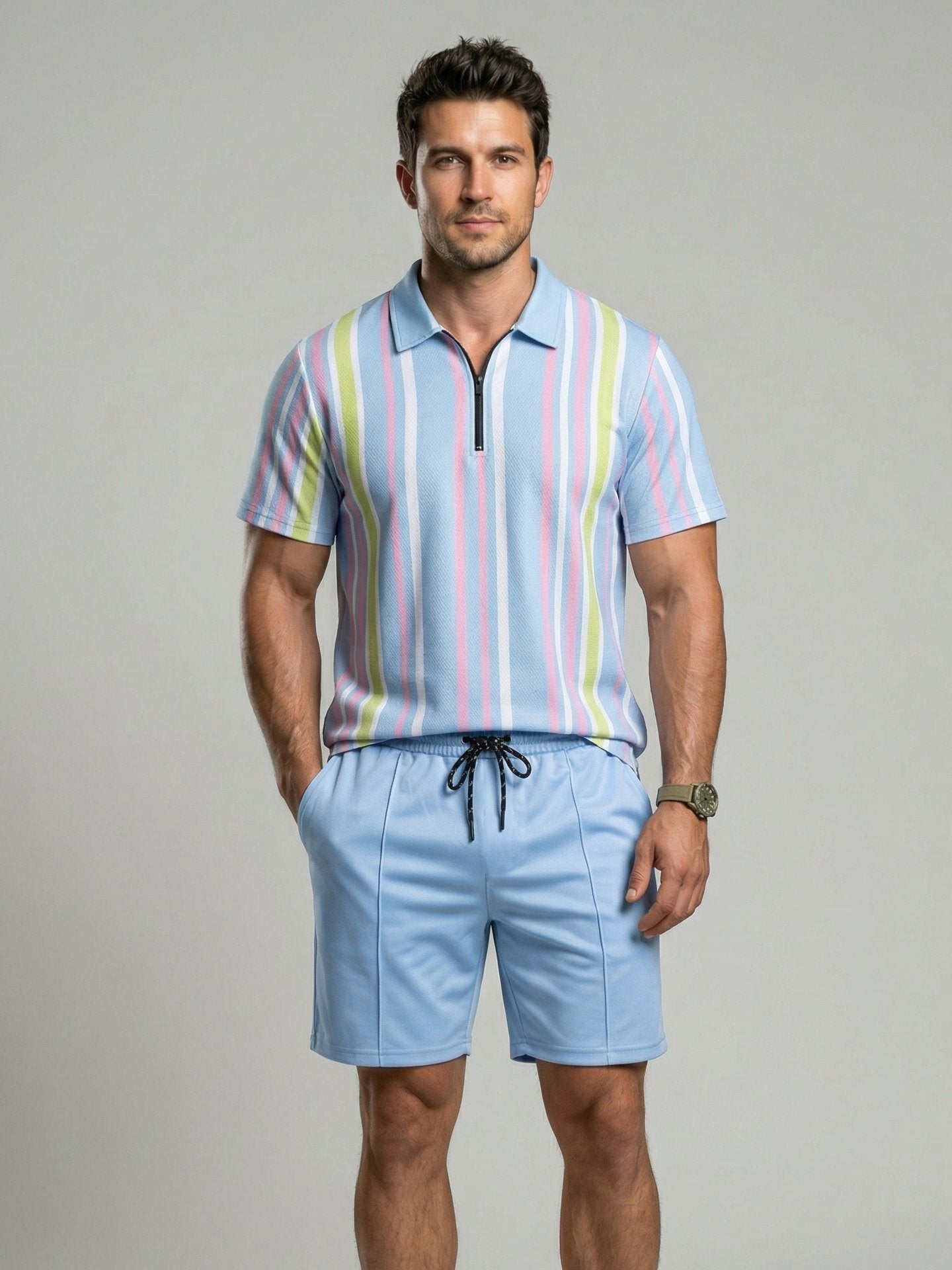 KZZ Men's Colorblock Striped Print Short Sleeve Shirt & Shorts Two-Piece Set
