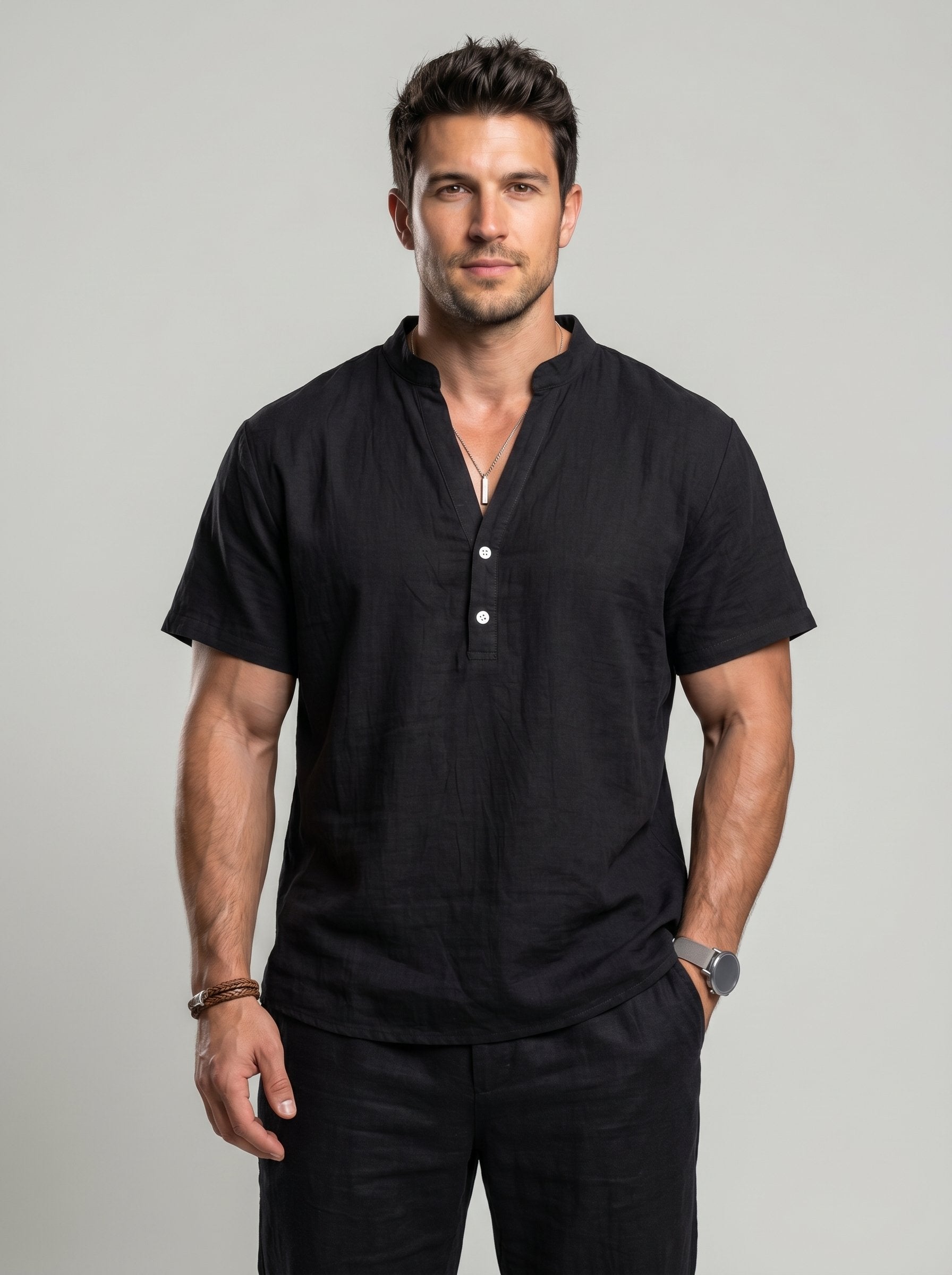 KZZ Men's Summer Short-Sleeve Linen Shirt