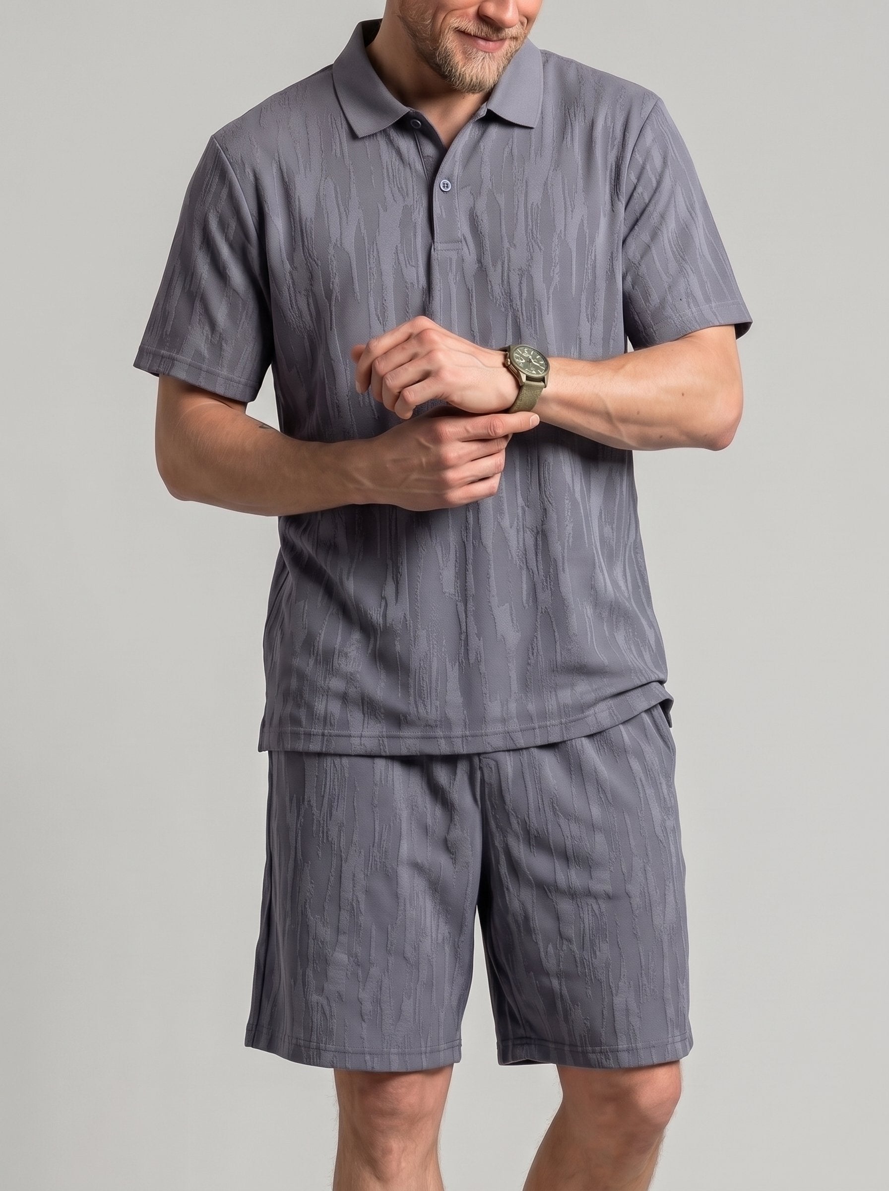 KZZ Men's Solid-Color Polo Shirt and Drawstring-Waist Shorts