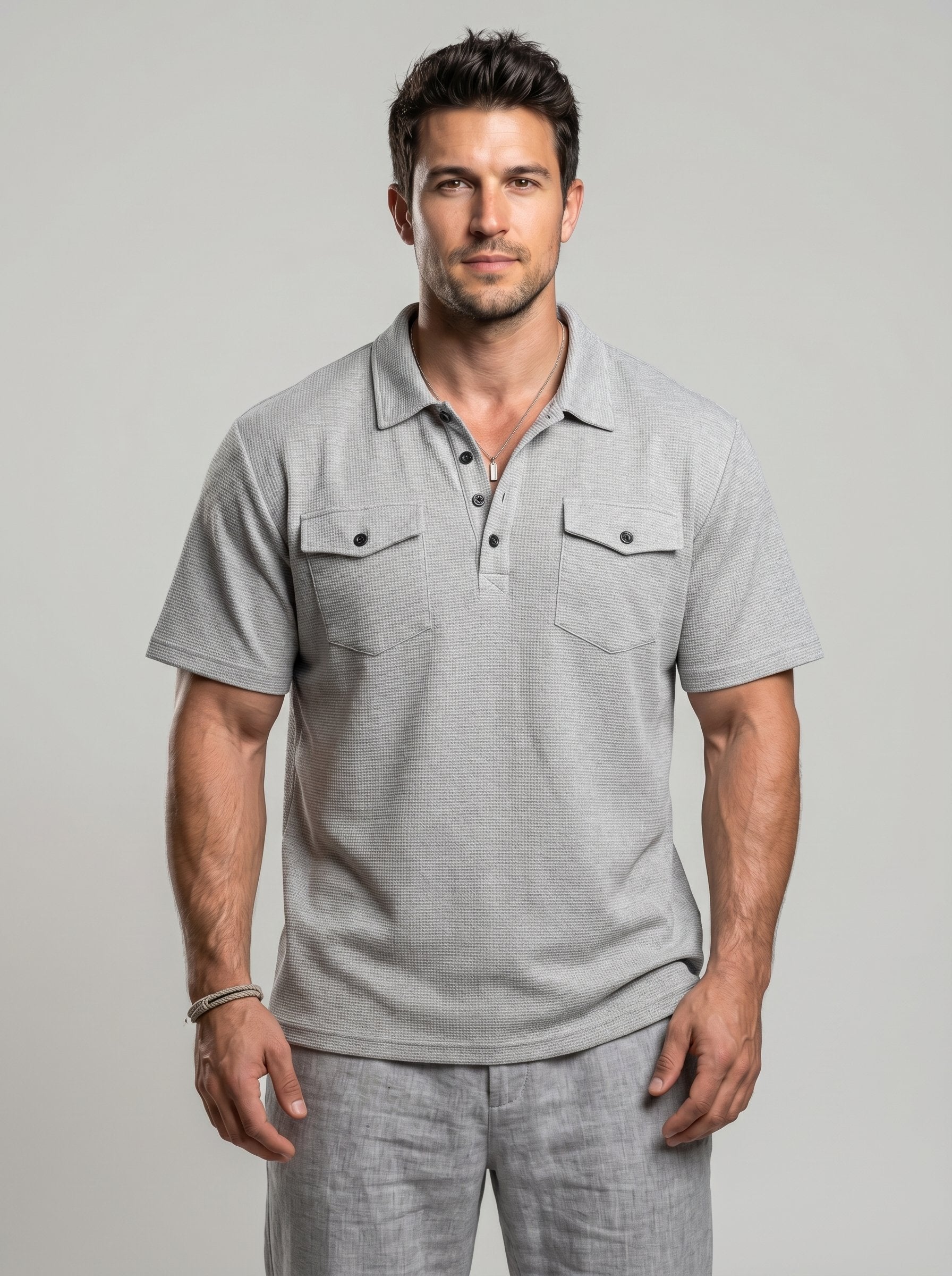 KZZ Men's Business-Casual Athletic-Style Waffle-Knit Solid-Color Short-Sleeve Polo Shirt
