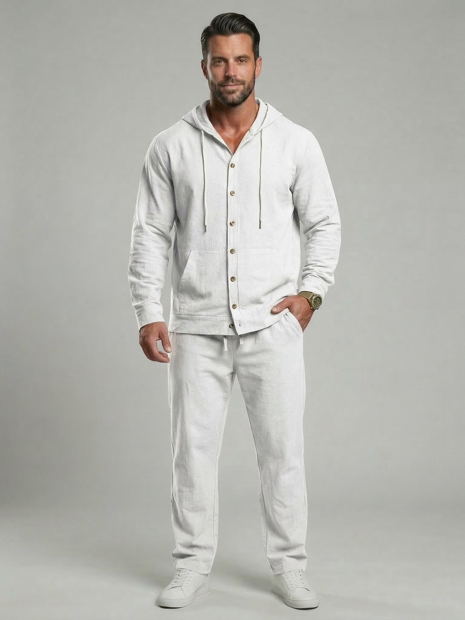KZZ Men's Solid Button Down Shirt & Pants Linen Set